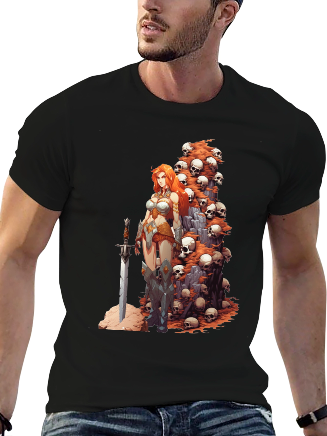 Warrior Woman & Skulls Graphic Tee - Black