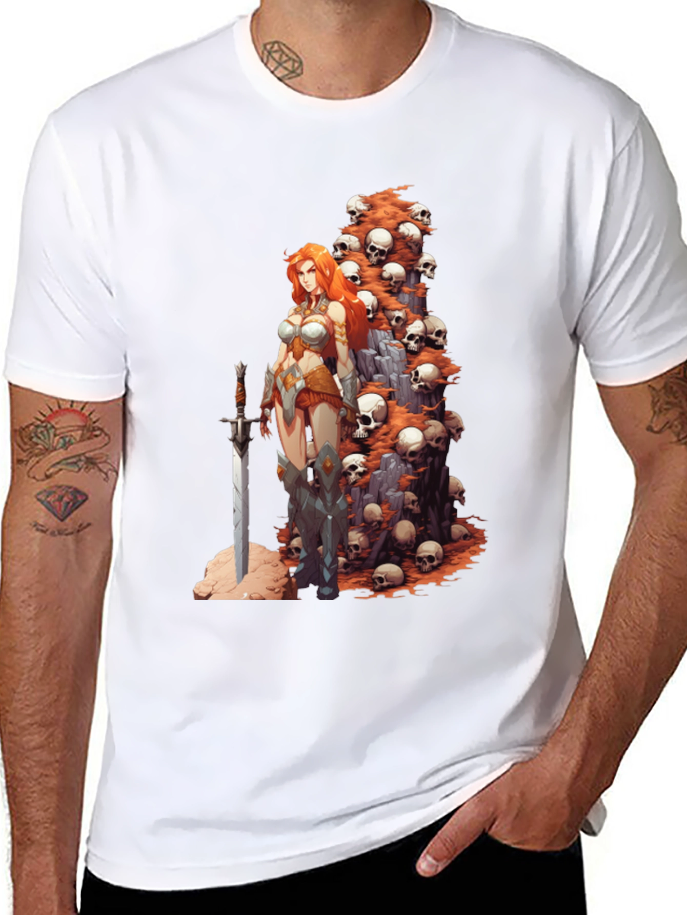 Warrior Woman & Skulls Graphic Tee - Black