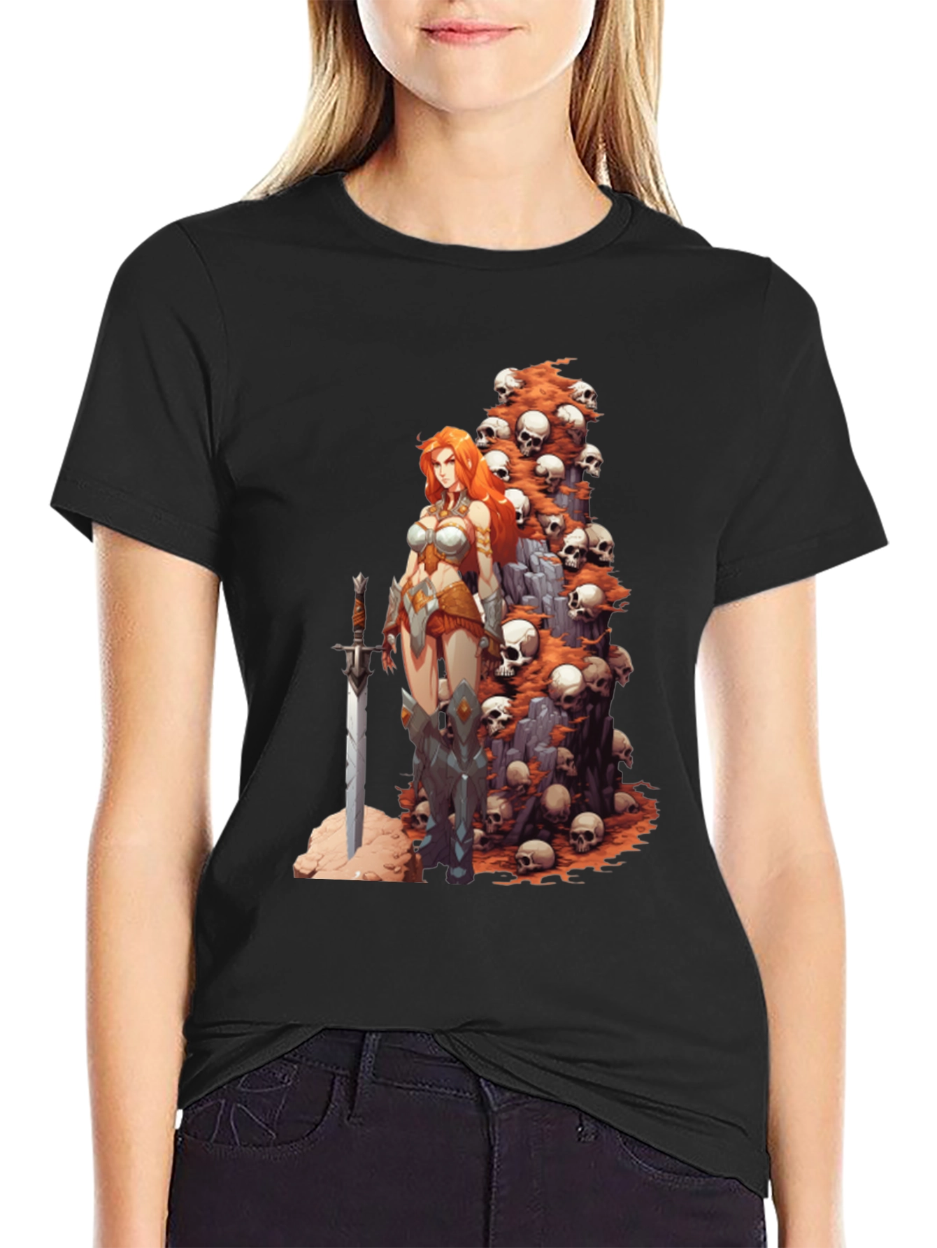 Warrior Woman & Skulls Graphic Tee - Black