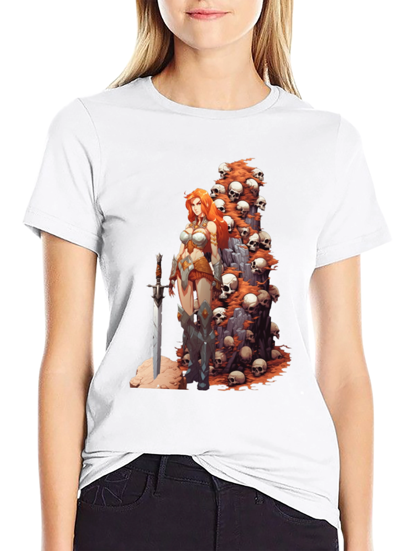 Warrior Woman & Skulls Graphic Tee - Black