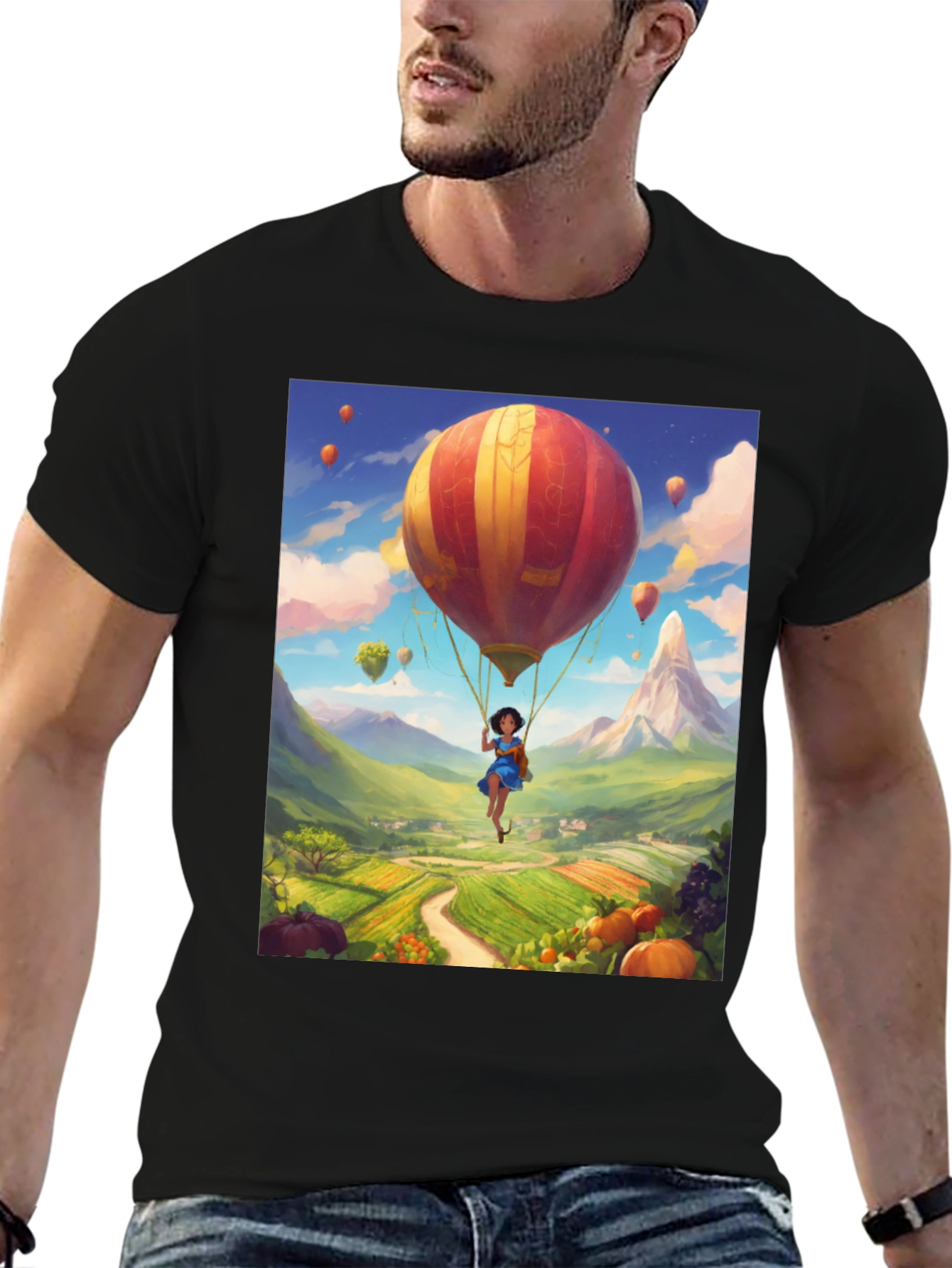 Whimsical Hot Air Balloon Graphic Tee - Black