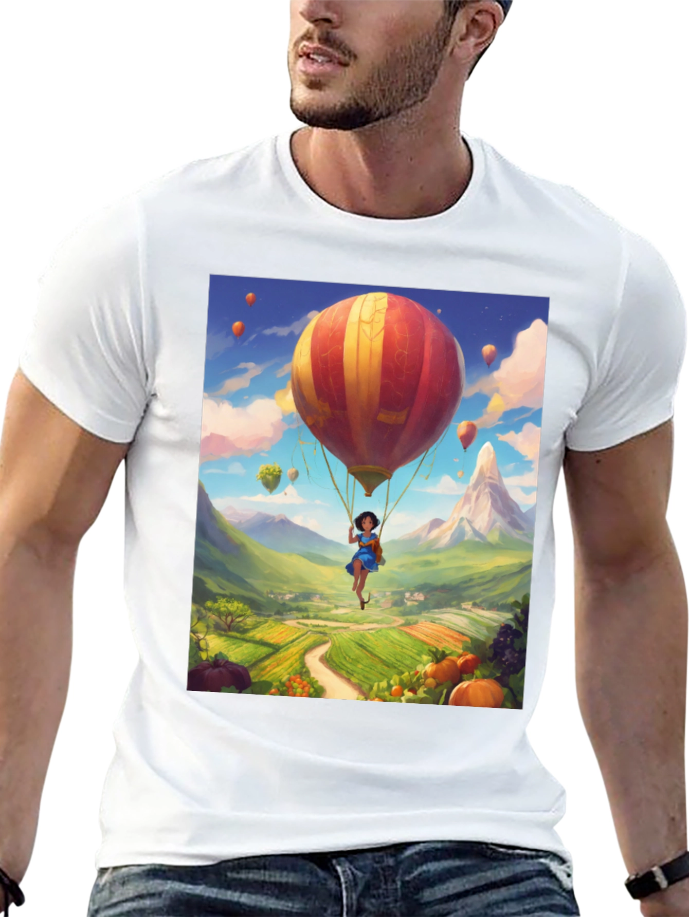 Whimsical Hot Air Balloon Graphic Tee - Black
