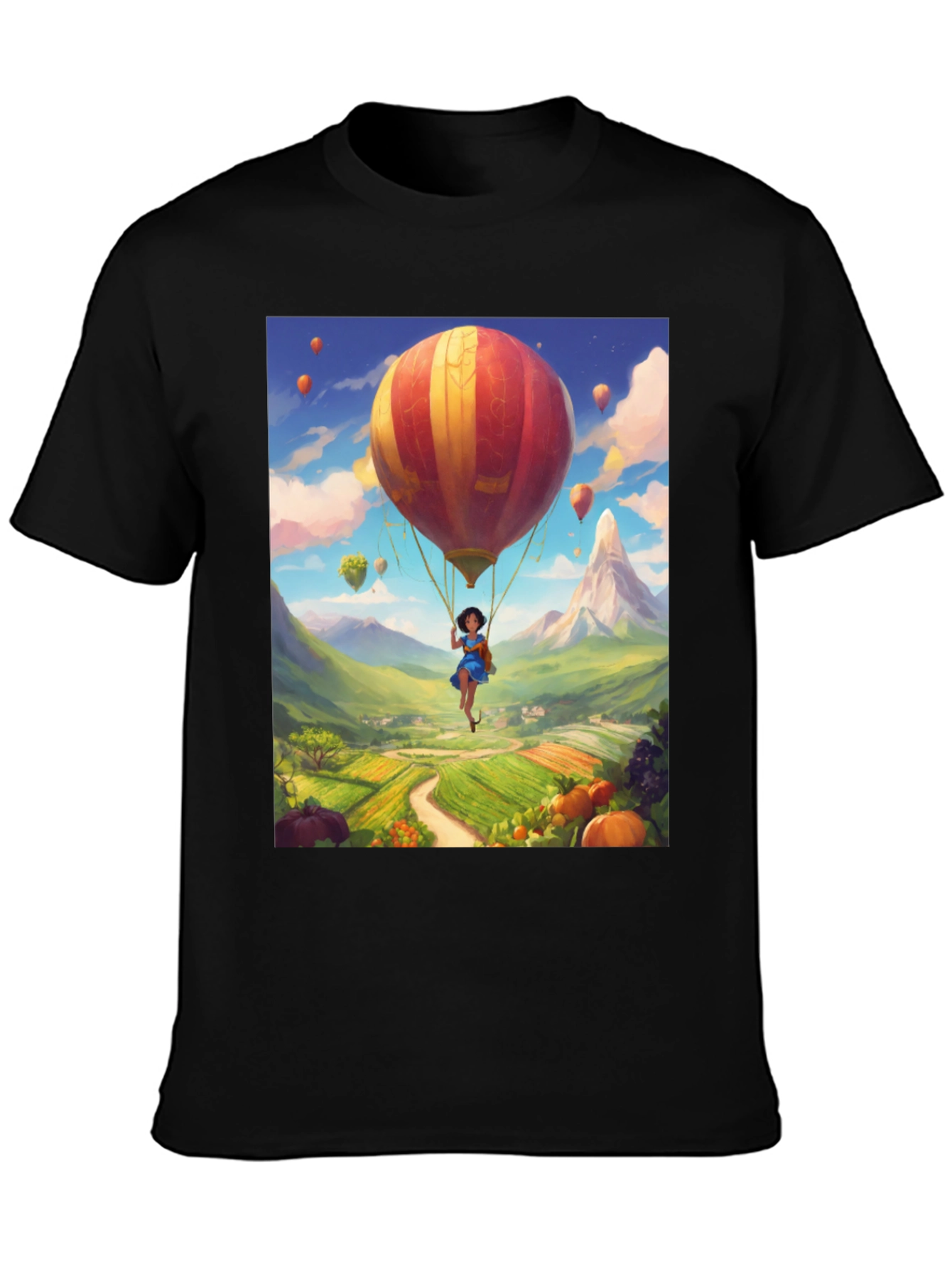 Whimsical Hot Air Balloon Graphic Tee - Black