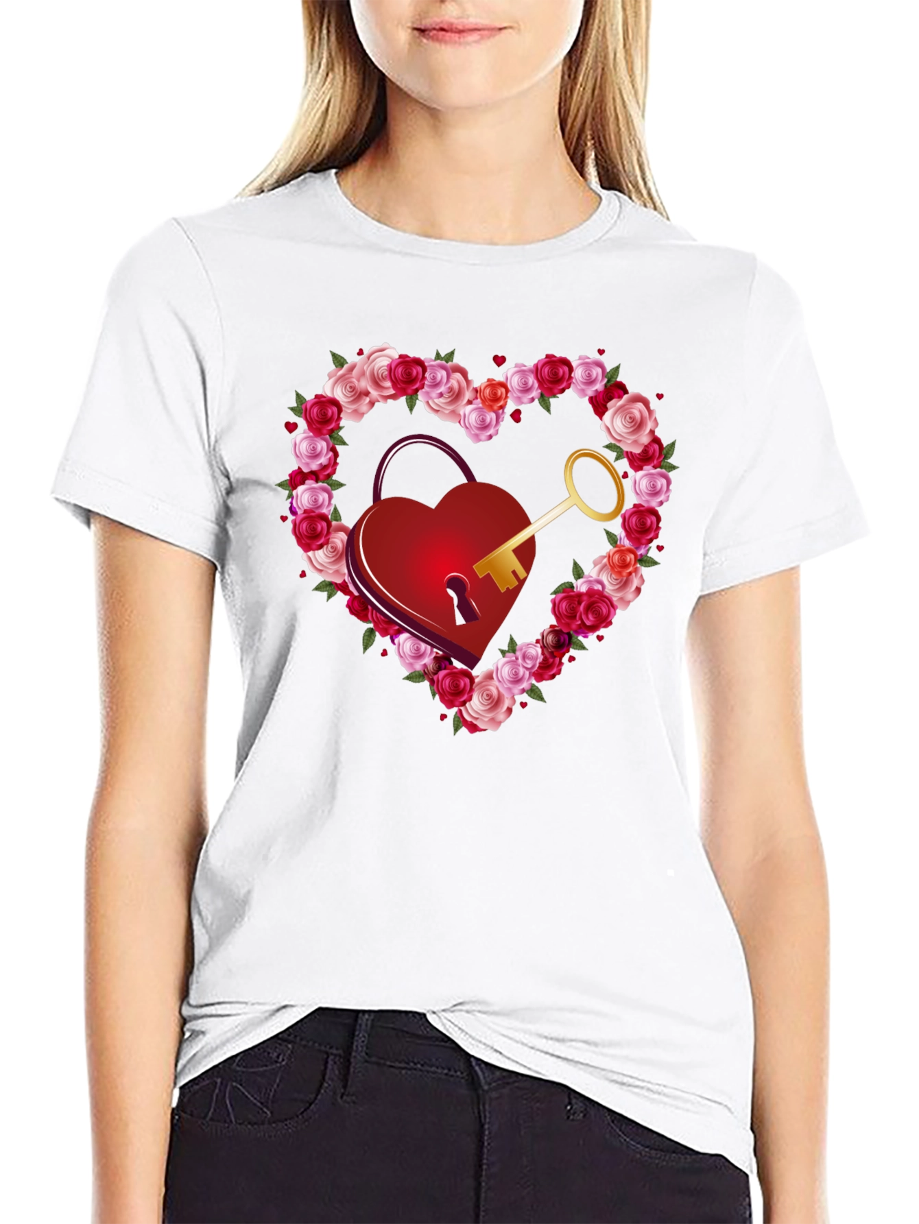 Heart Lock & Key Rose Valentines Day Graphic Tee