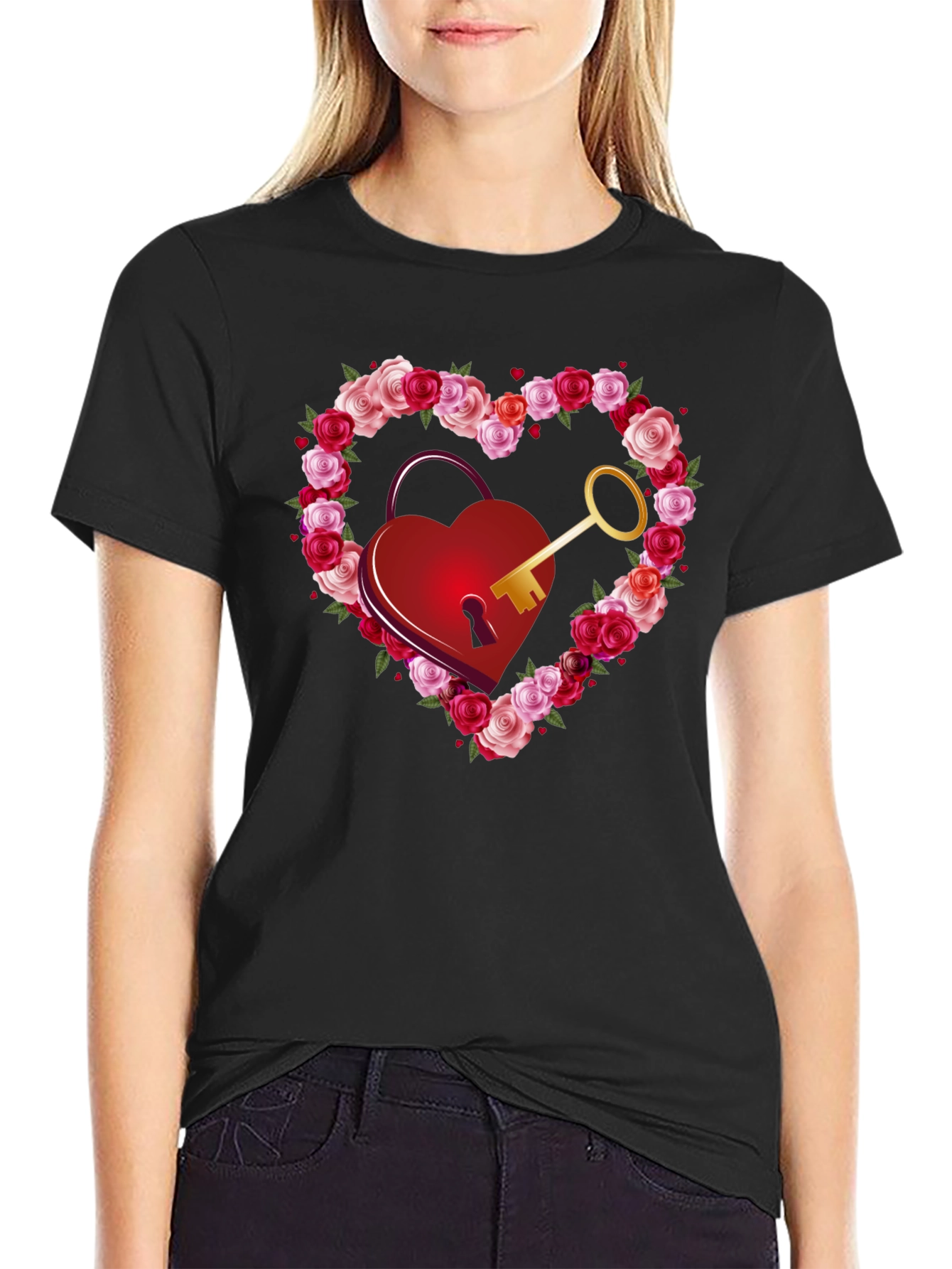 Heart Lock & Key Rose Valentines Day Graphic Tee