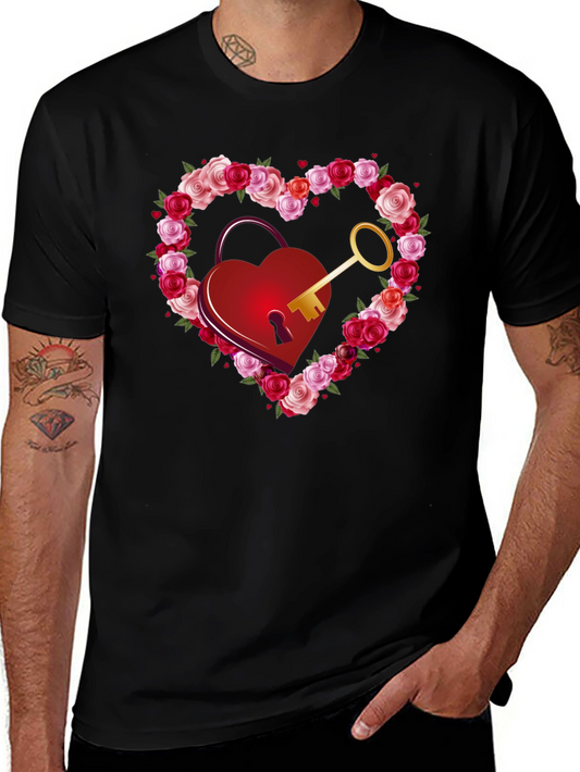 Heart Lock & Key Rose Valentines Day Graphic Tee