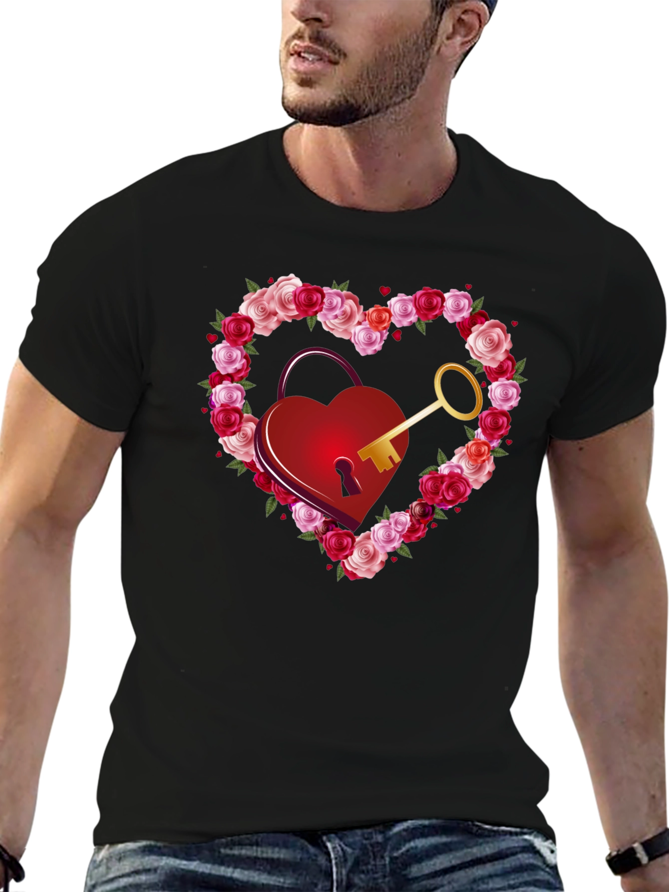 Heart Lock & Key Rose Valentines Day Graphic Tee