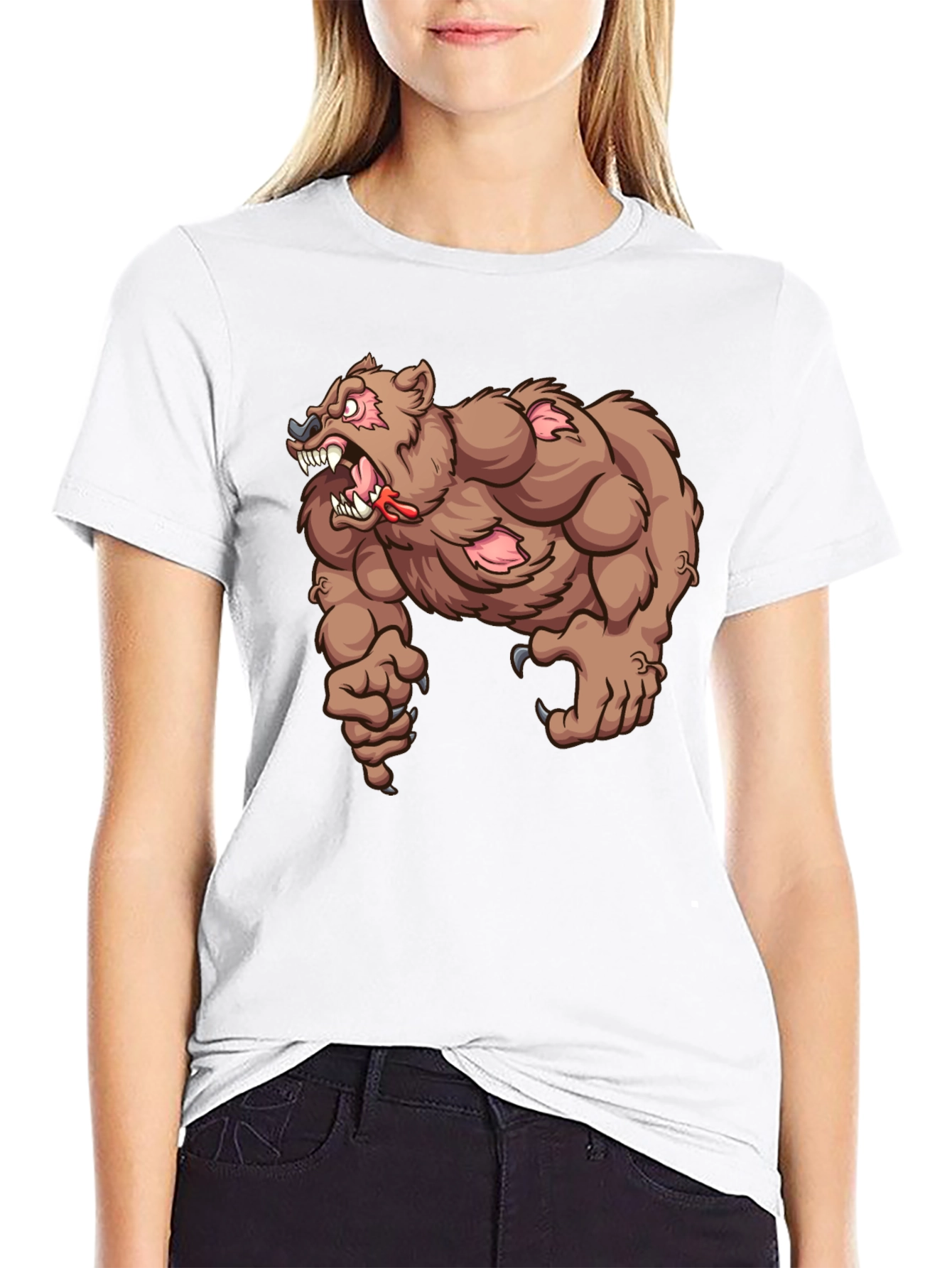 Mens Black T-Shirt with Cartoon Bear Graphic