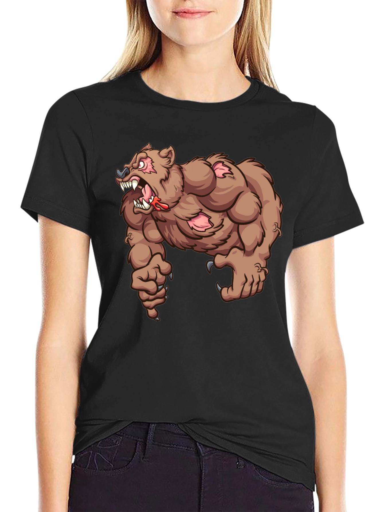Mens Black T-Shirt with Cartoon Bear Graphic