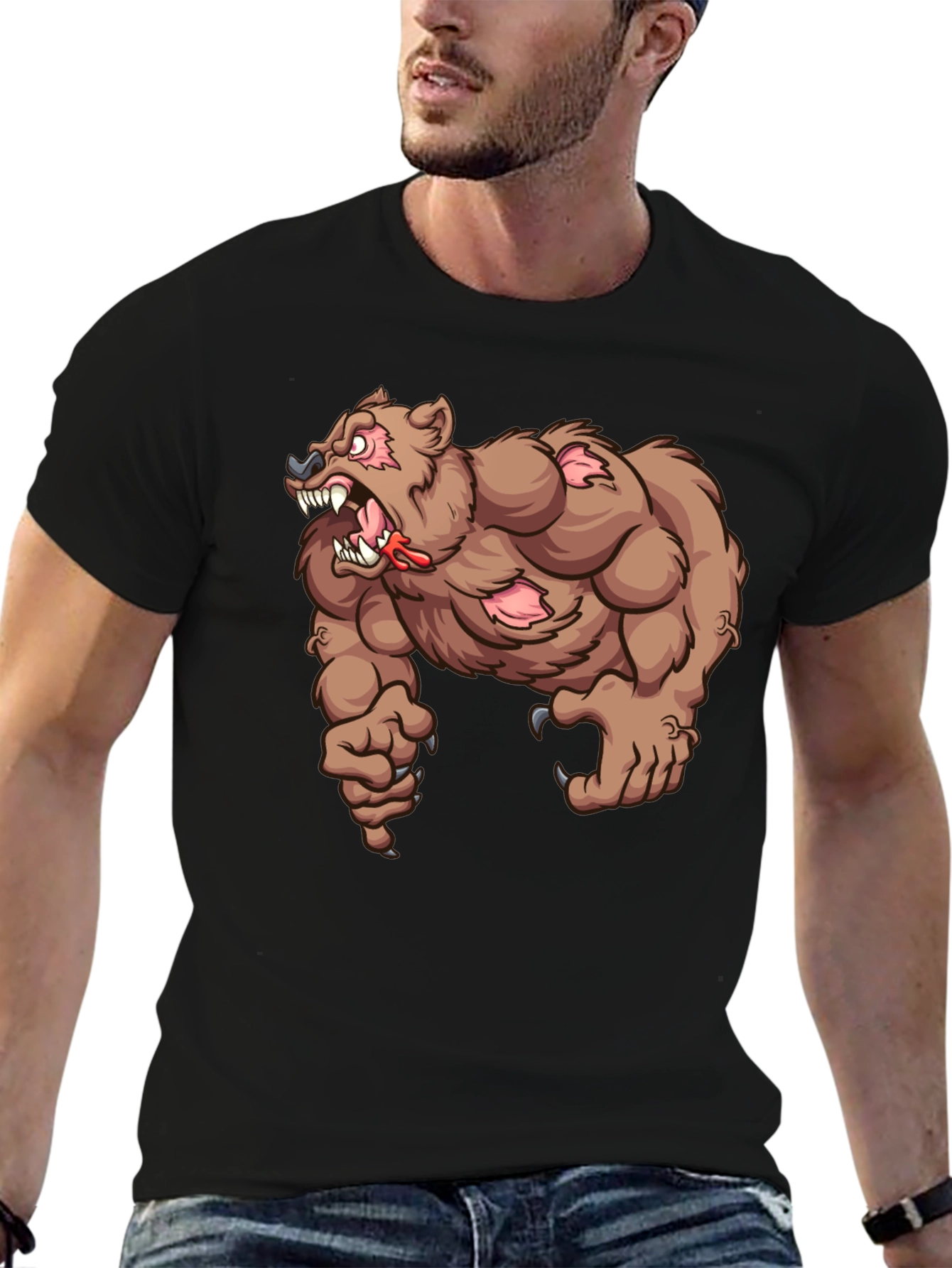 Mens Black T-Shirt with Cartoon Bear Graphic