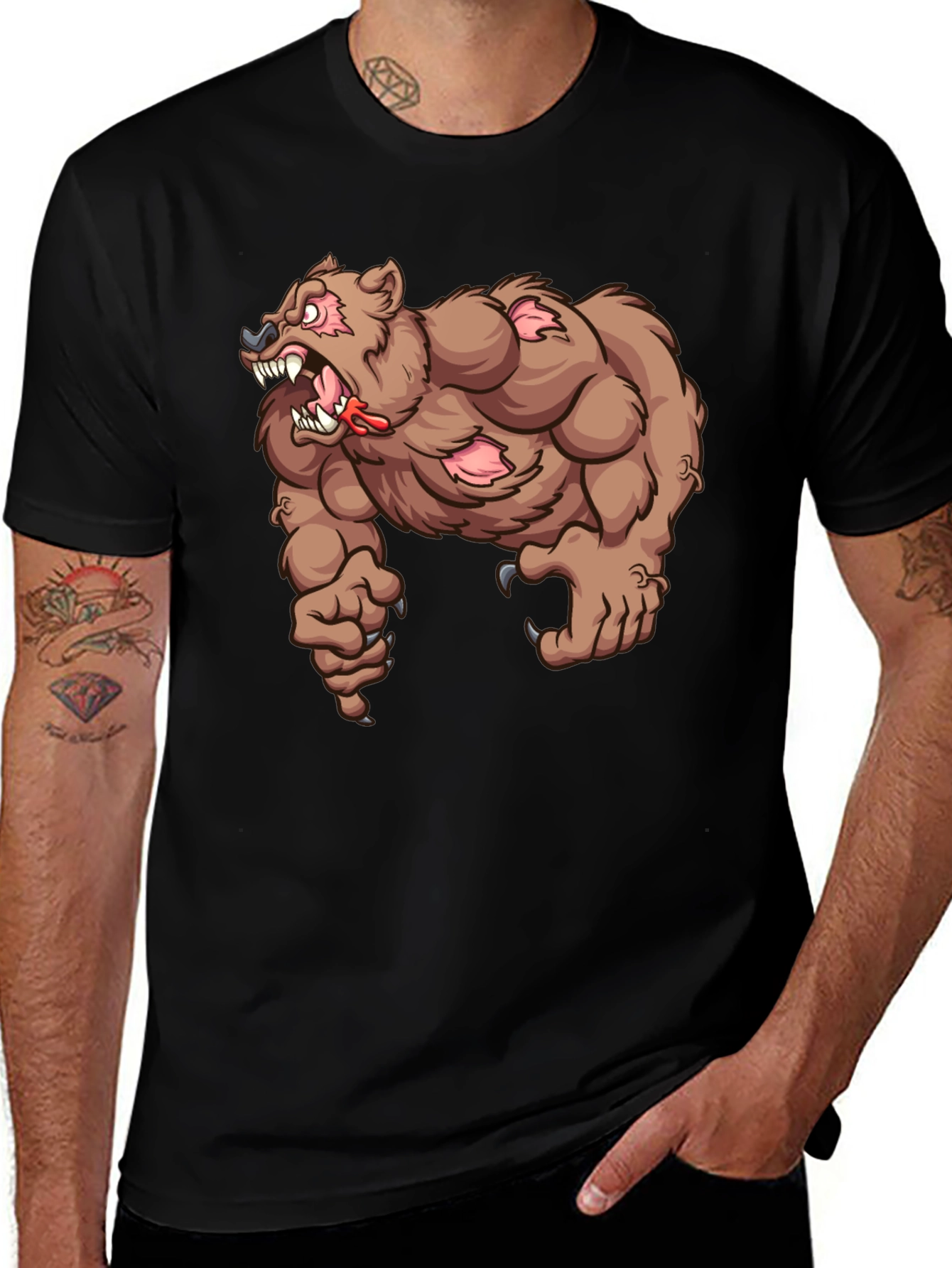 Mens Black T-Shirt with Cartoon Bear Graphic