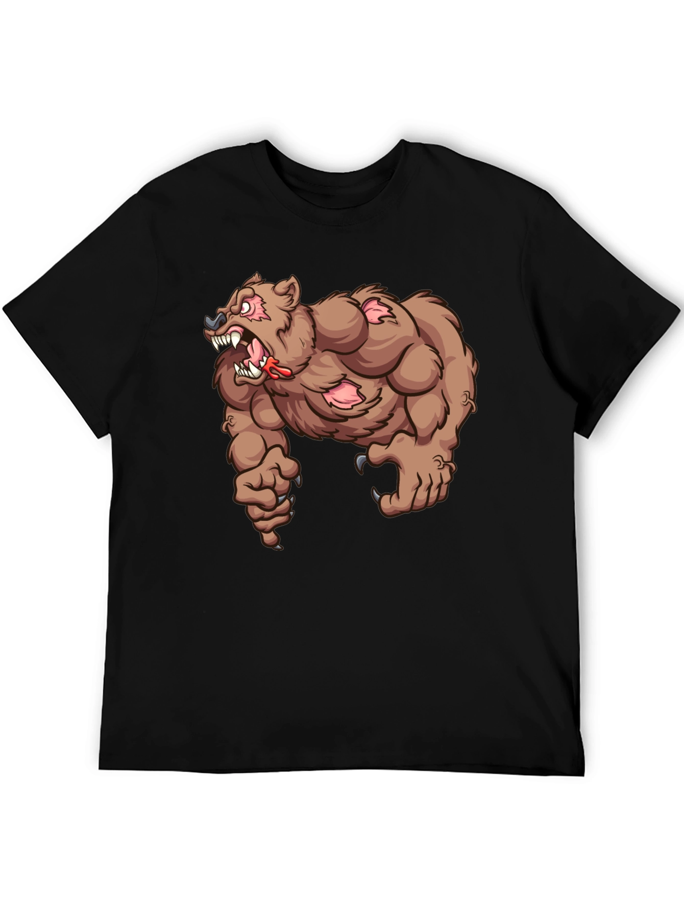 Mens Black T-Shirt with Cartoon Bear Graphic