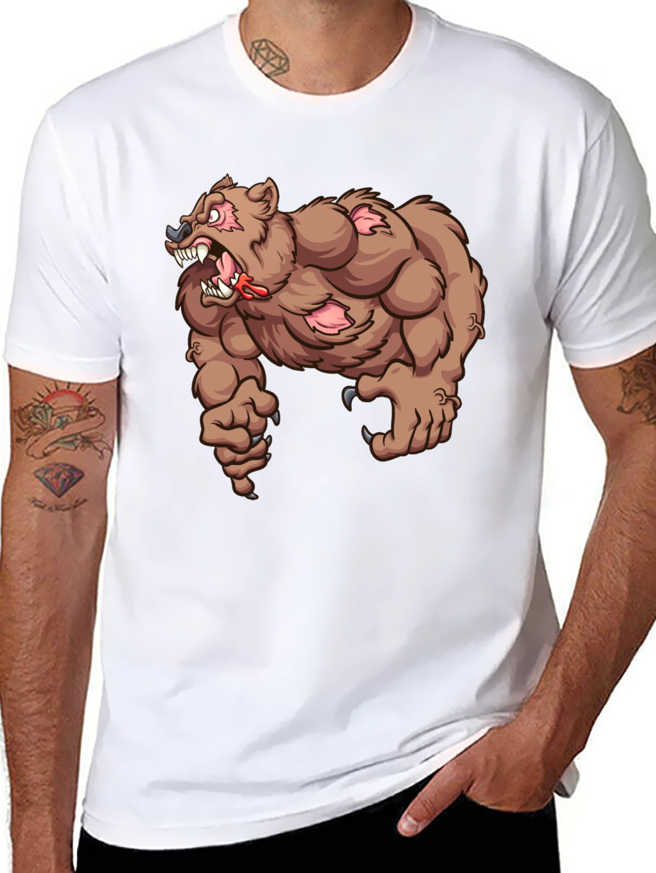 Mens Black T-Shirt with Cartoon Bear Graphic