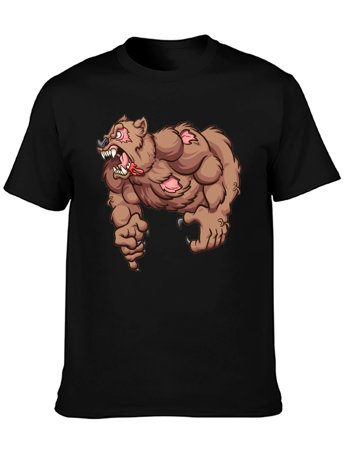 Mens Black T-Shirt with Cartoon Bear Graphic