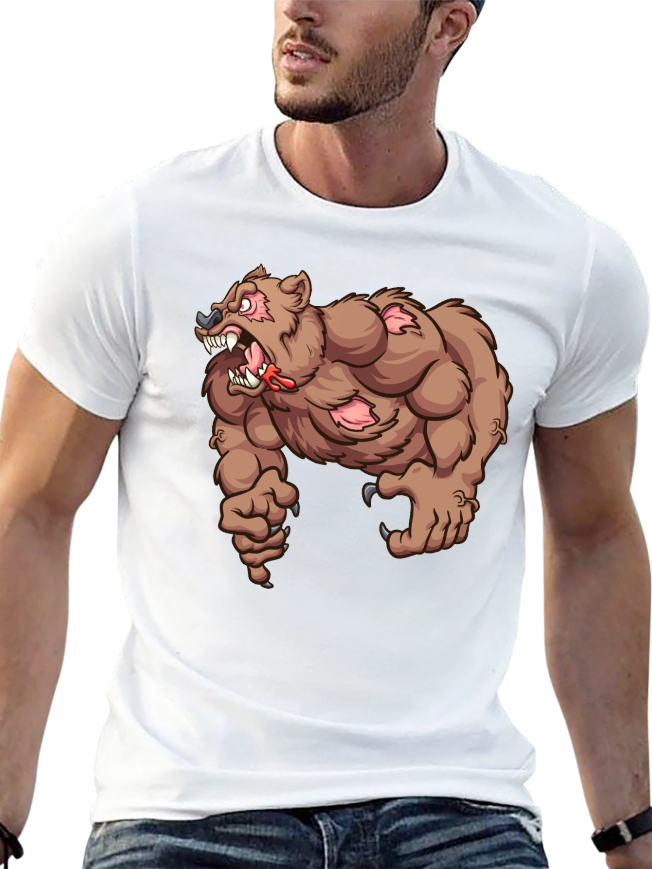 Mens Black T-Shirt with Cartoon Bear Graphic