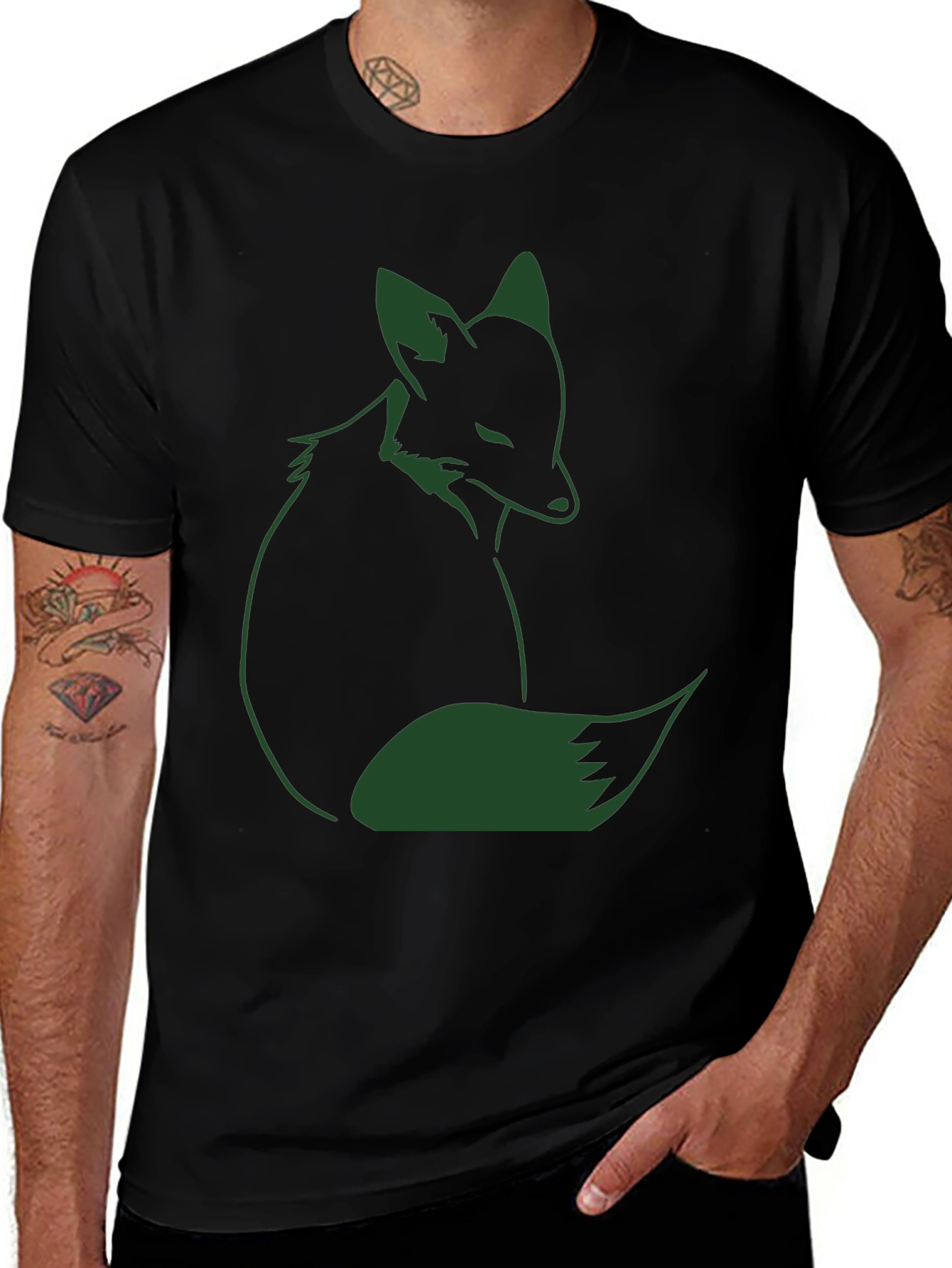 Fox Graphic T-Shirt - Dark Green Print on Black
