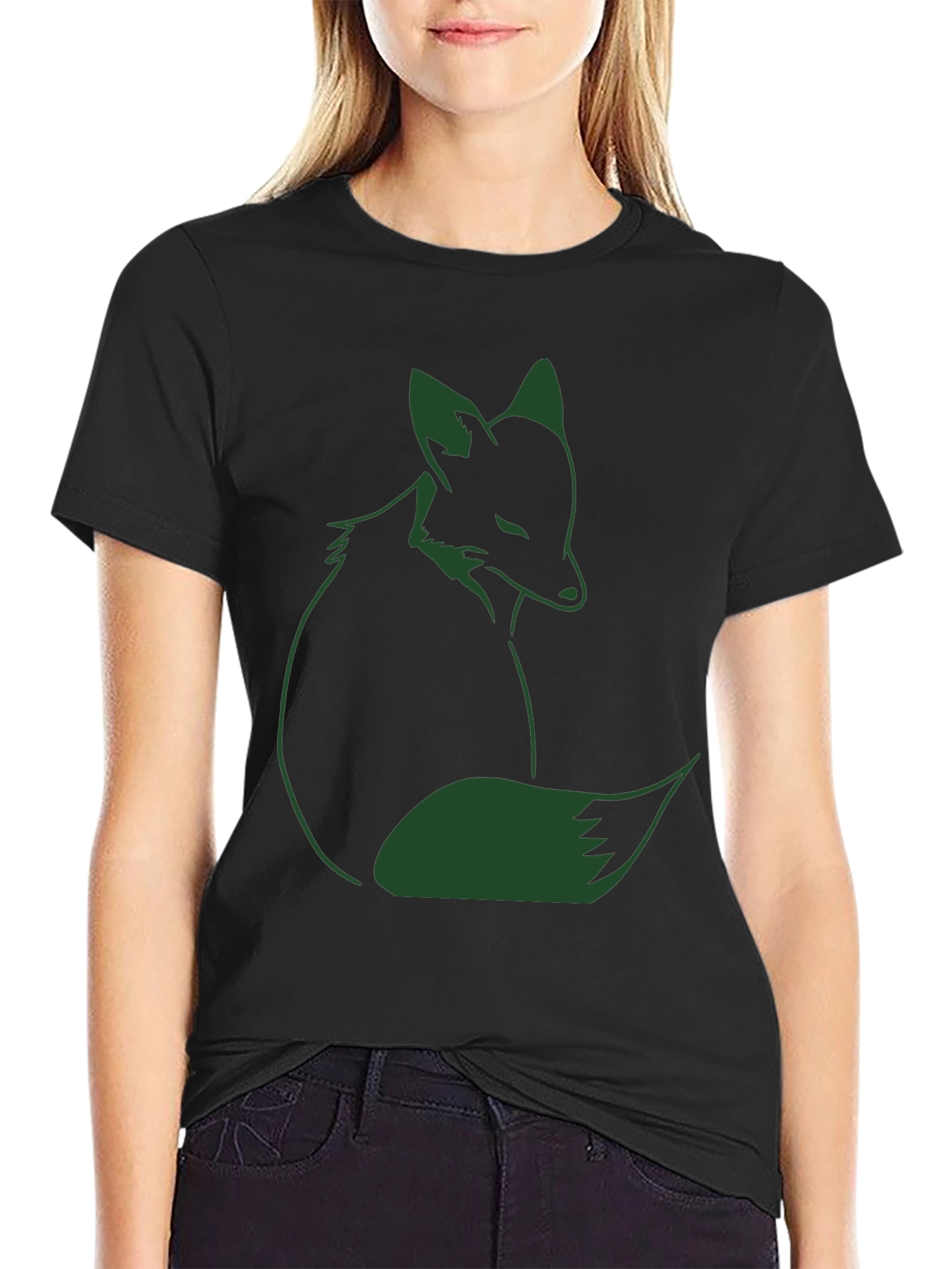 Fox Graphic T-Shirt - Dark Green Print on Black