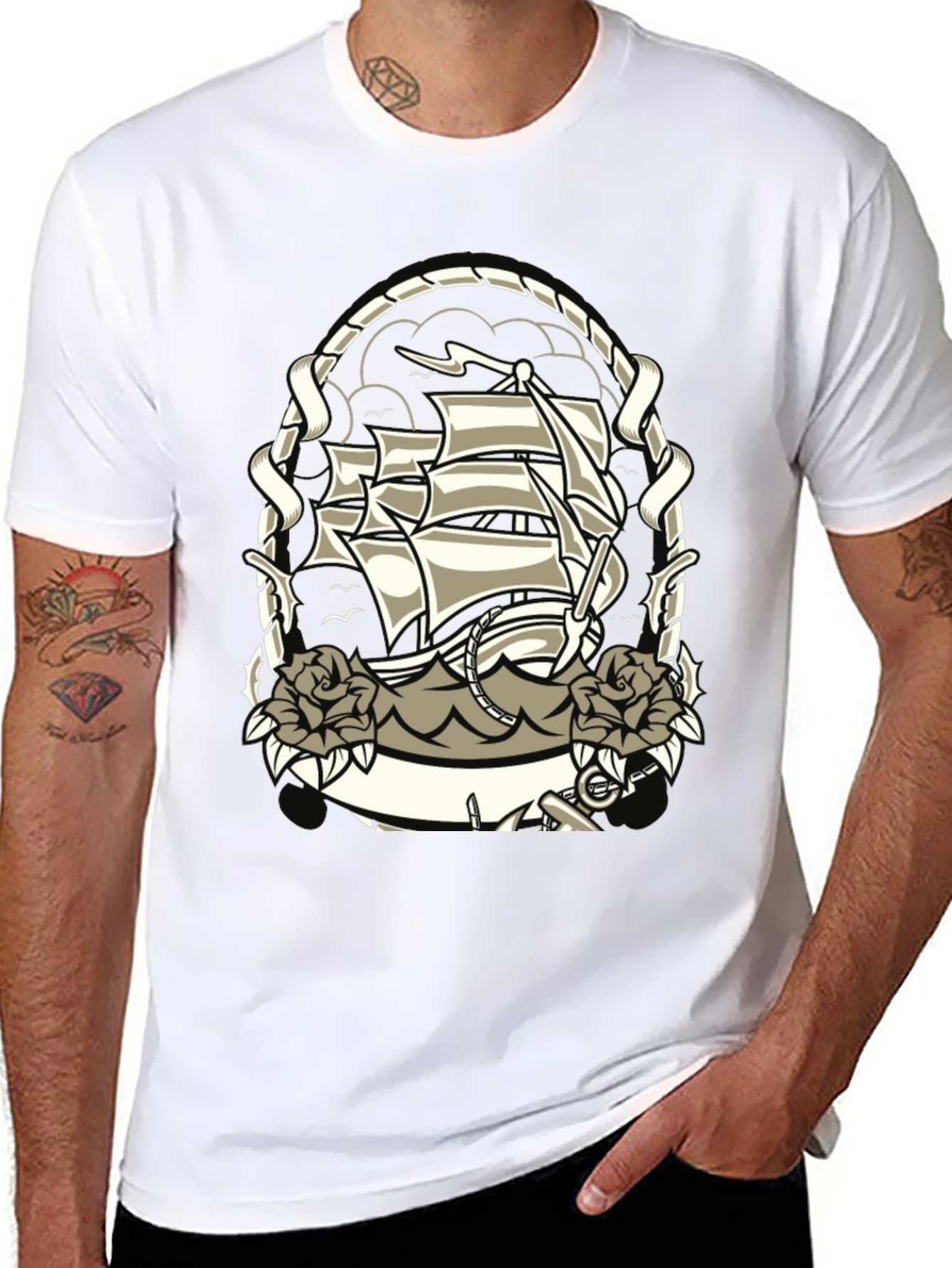 Nautical Ship Tattoo Graphic Black T-Shirt