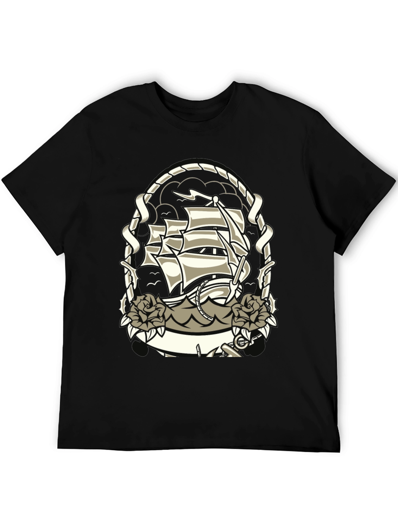 Nautical Ship Tattoo Graphic Black T-Shirt