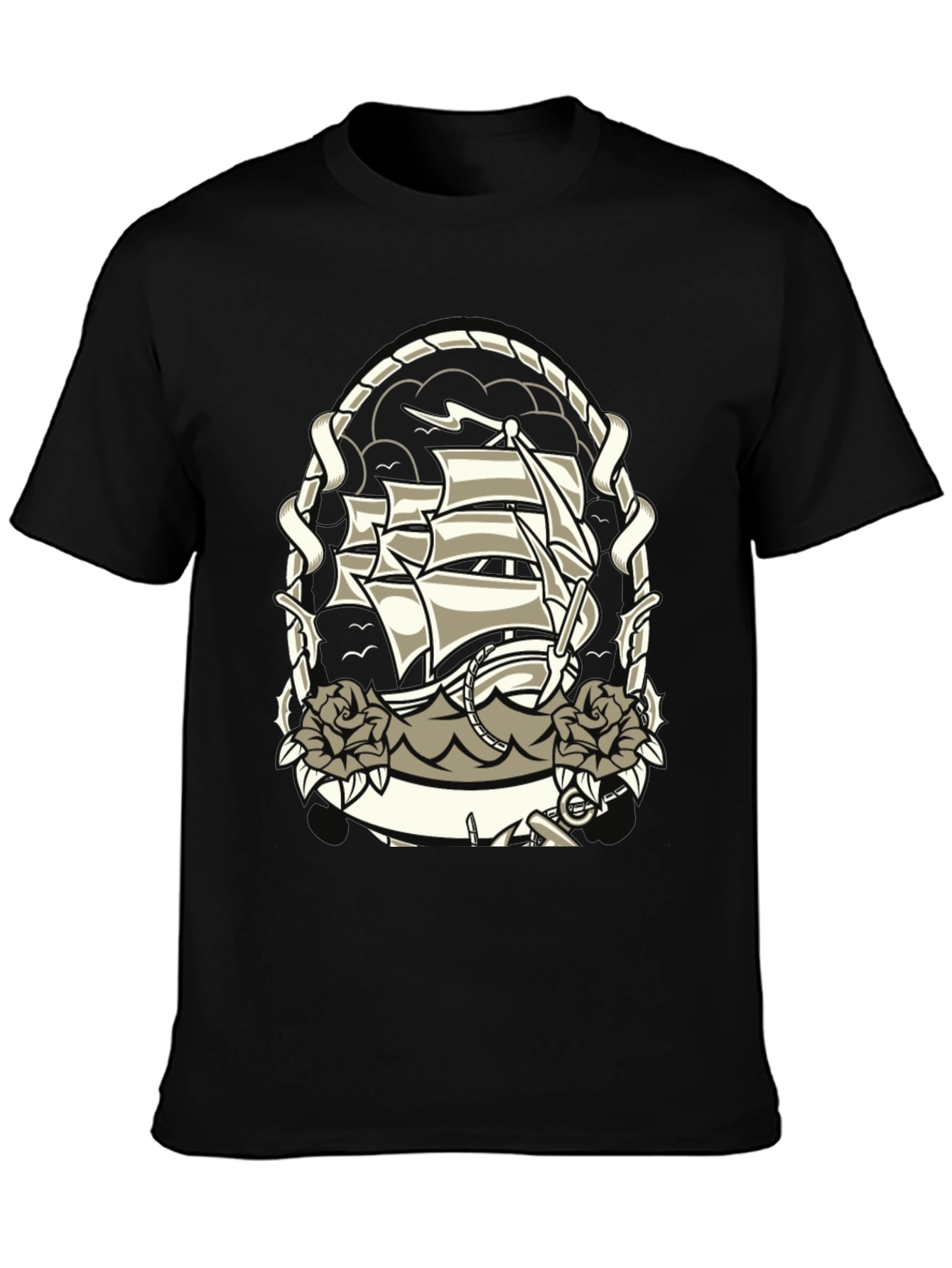 Nautical Ship Tattoo Graphic Black T-Shirt