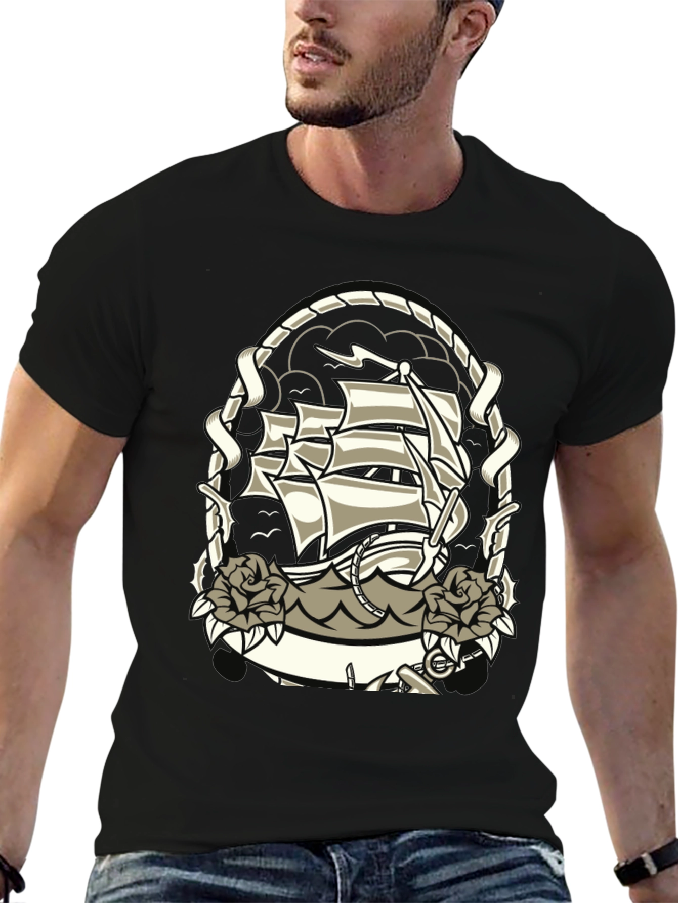 Nautical Ship Tattoo Graphic Black T-Shirt