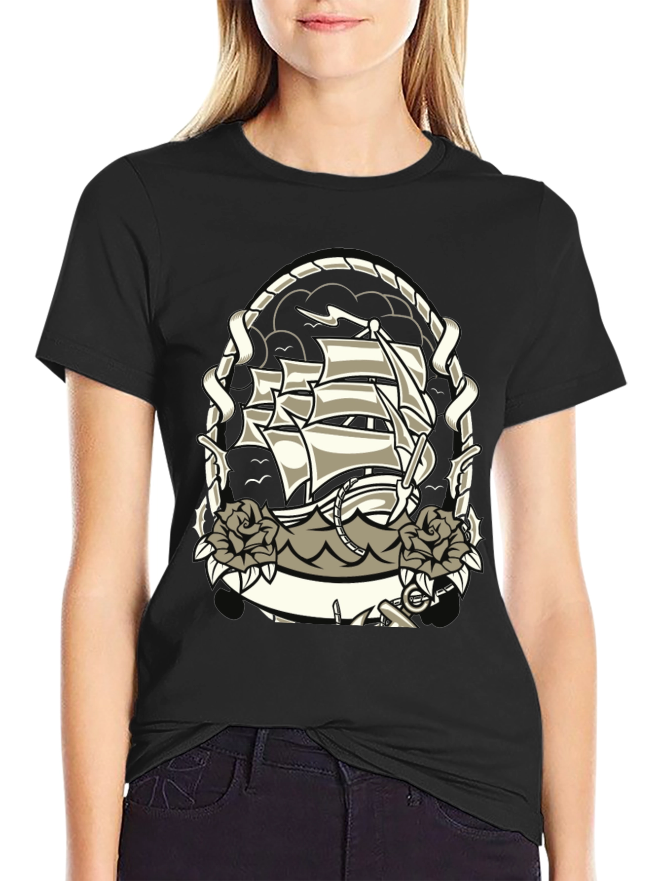 Nautical Ship Tattoo Graphic Black T-Shirt