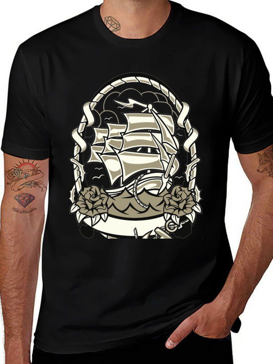 Nautical Ship Tattoo Graphic Black T-Shirt