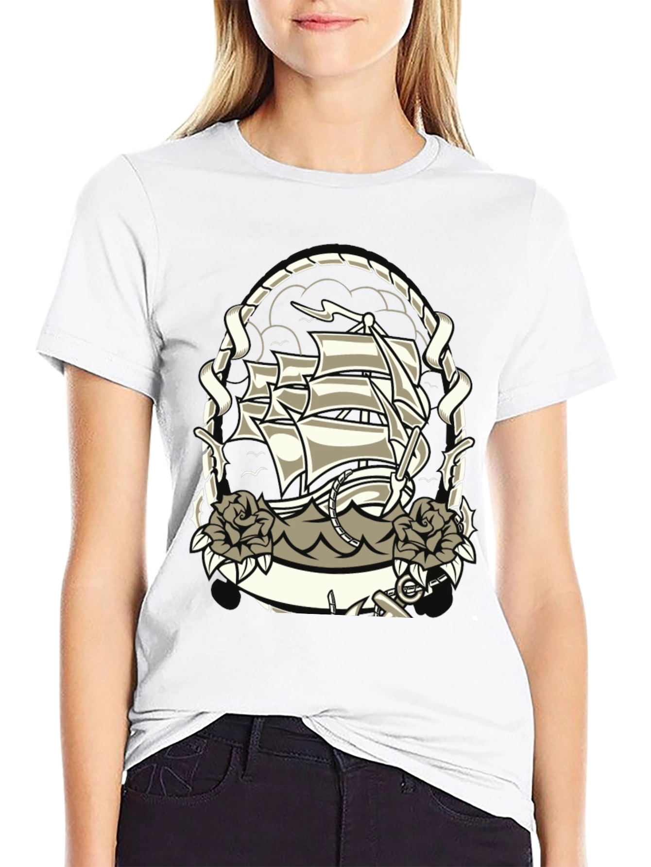 Nautical Ship Tattoo Graphic Black T-Shirt