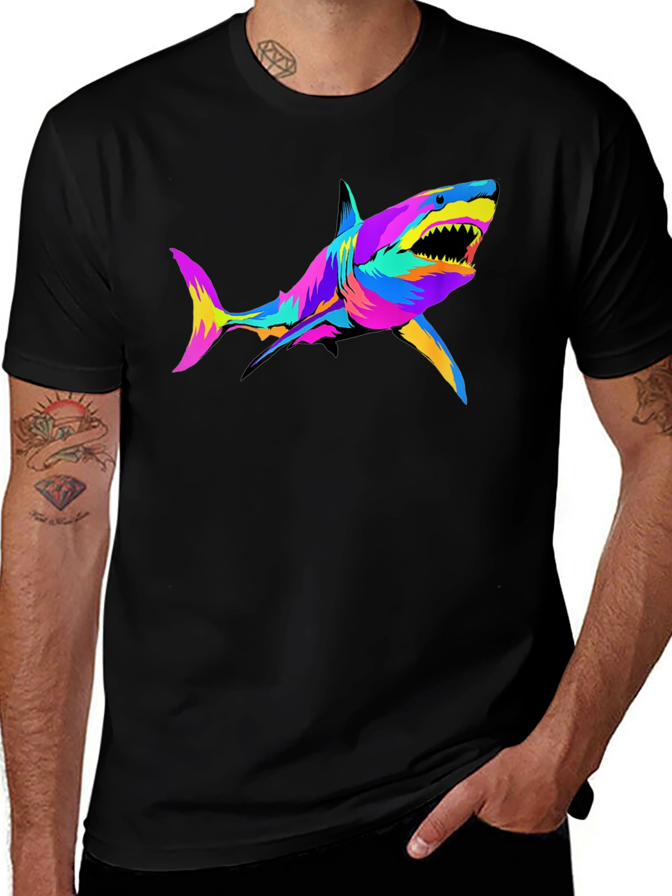 Vibrant Shark Graphic Tee - Mens Black T-Shirt