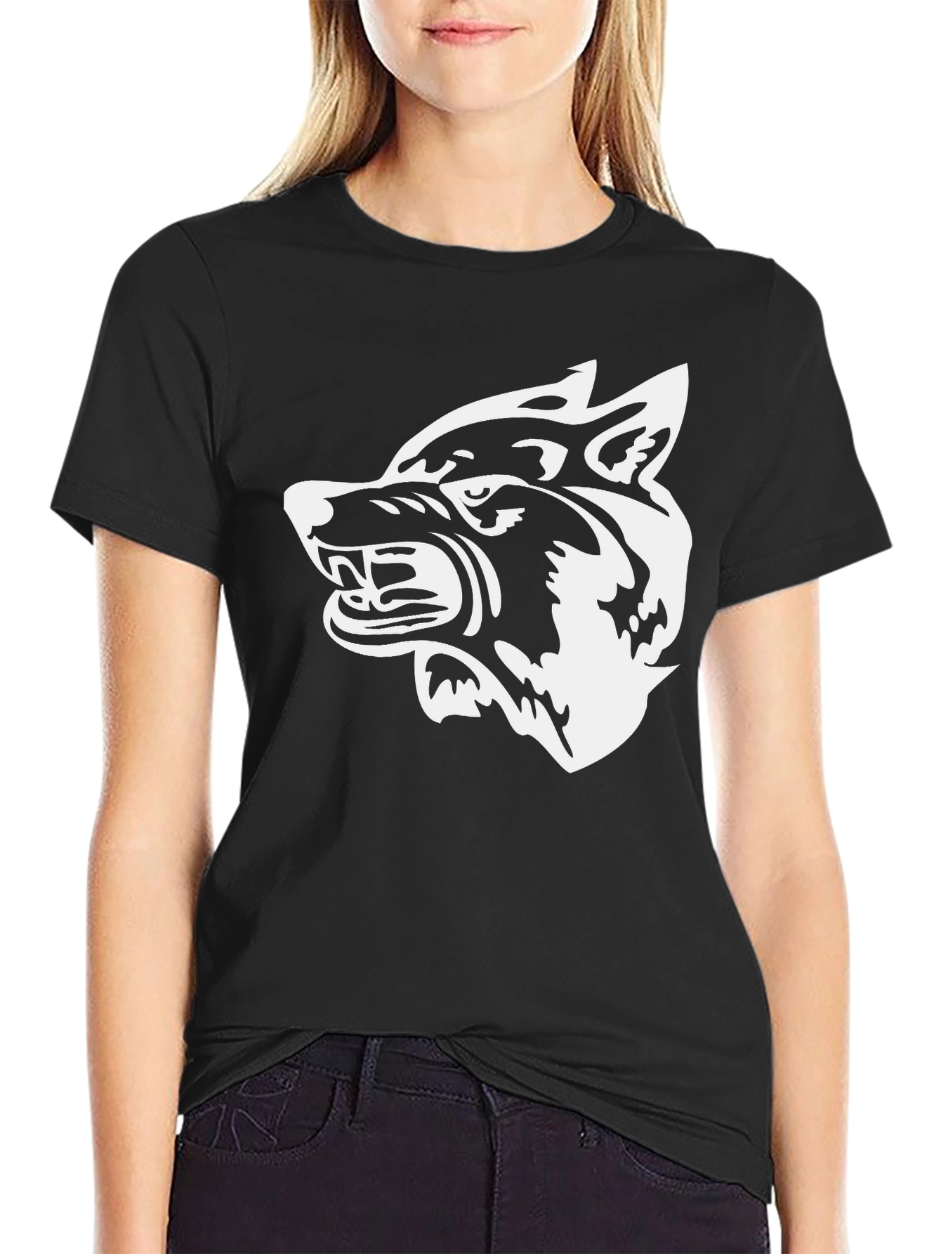 Black T-Shirt with White Wolf Graphic