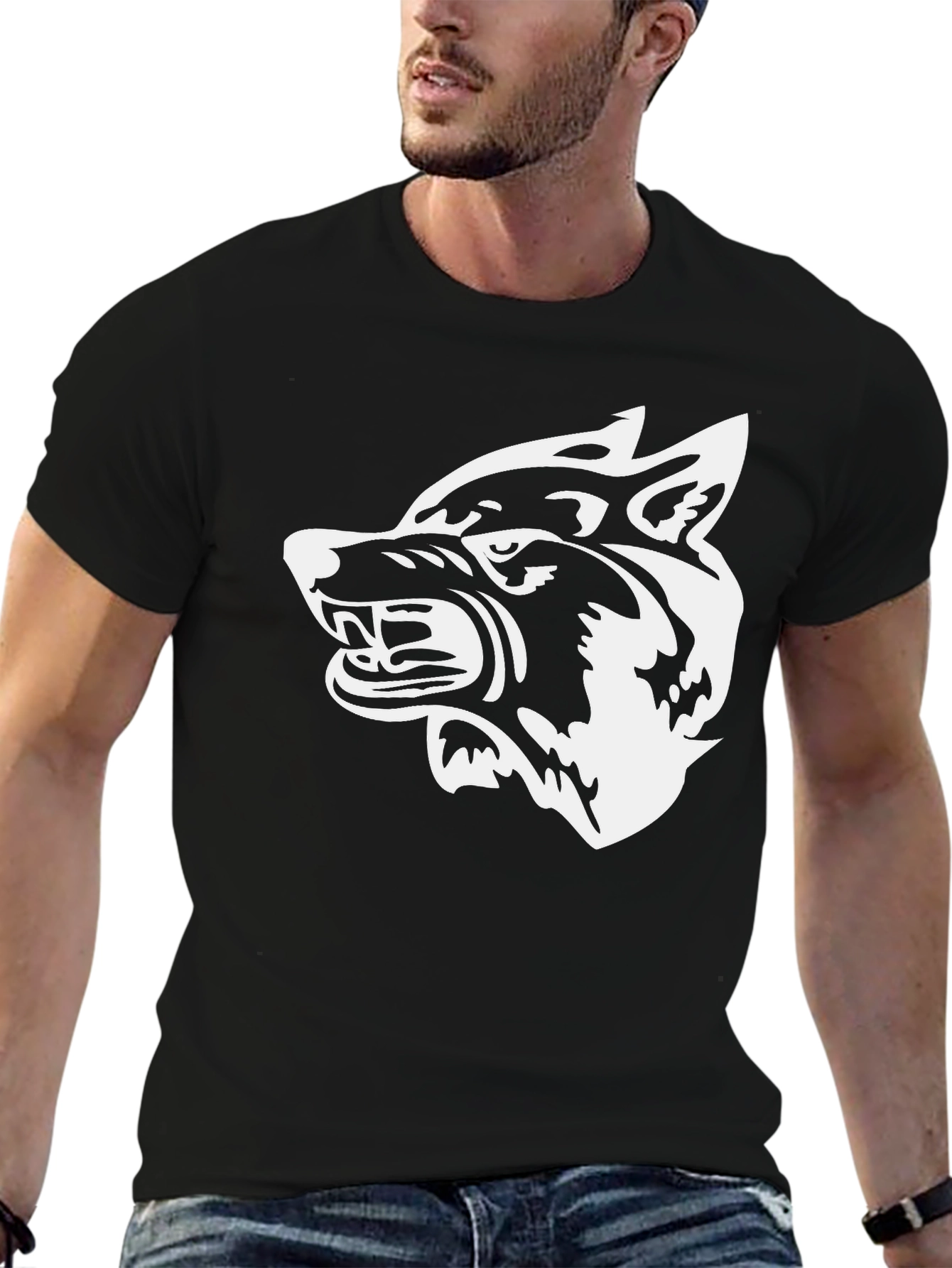 Black T-Shirt with White Wolf Graphic