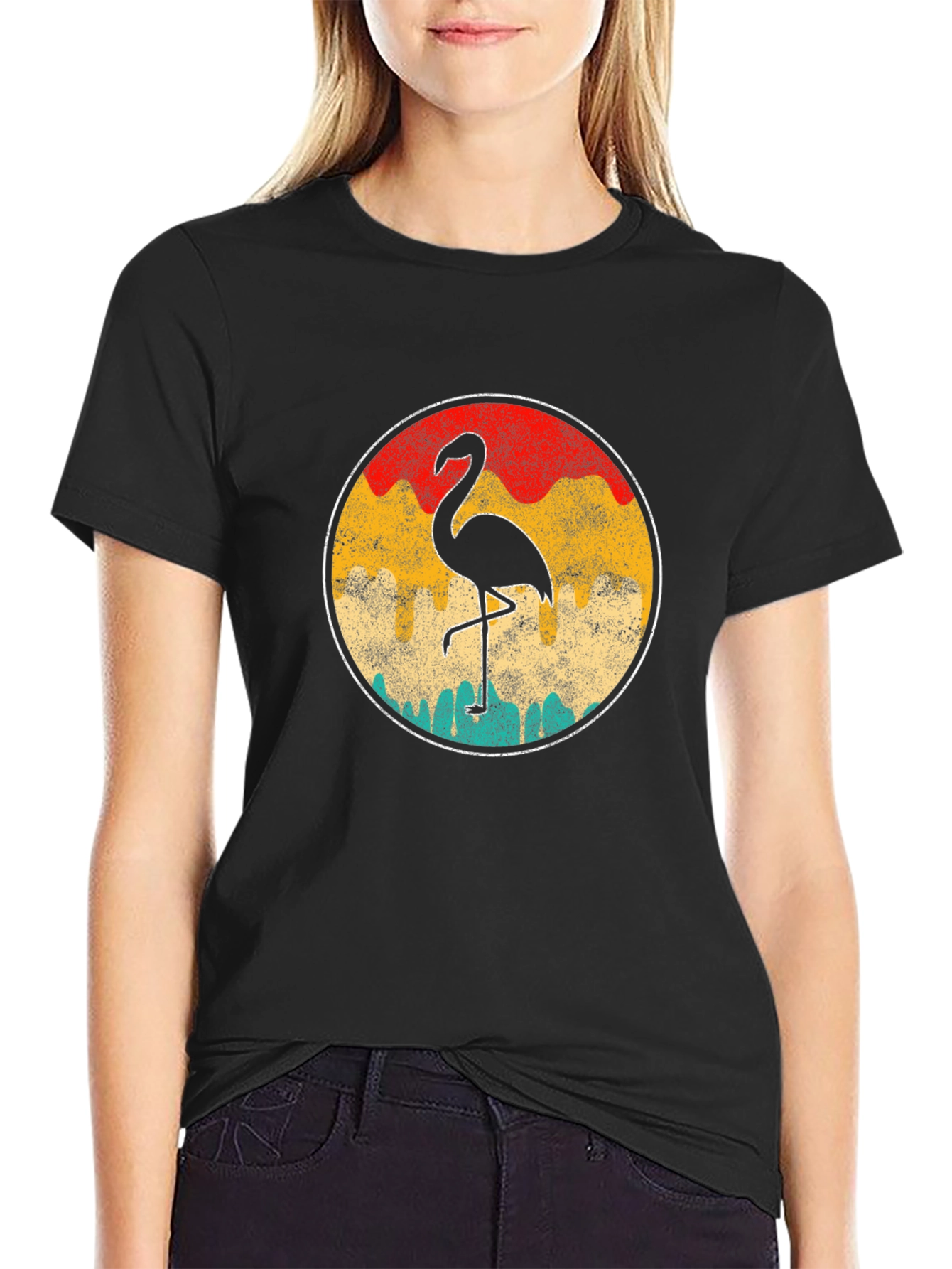 Retro Flamingo Graphic Tee - Black Cotton T-Shirt