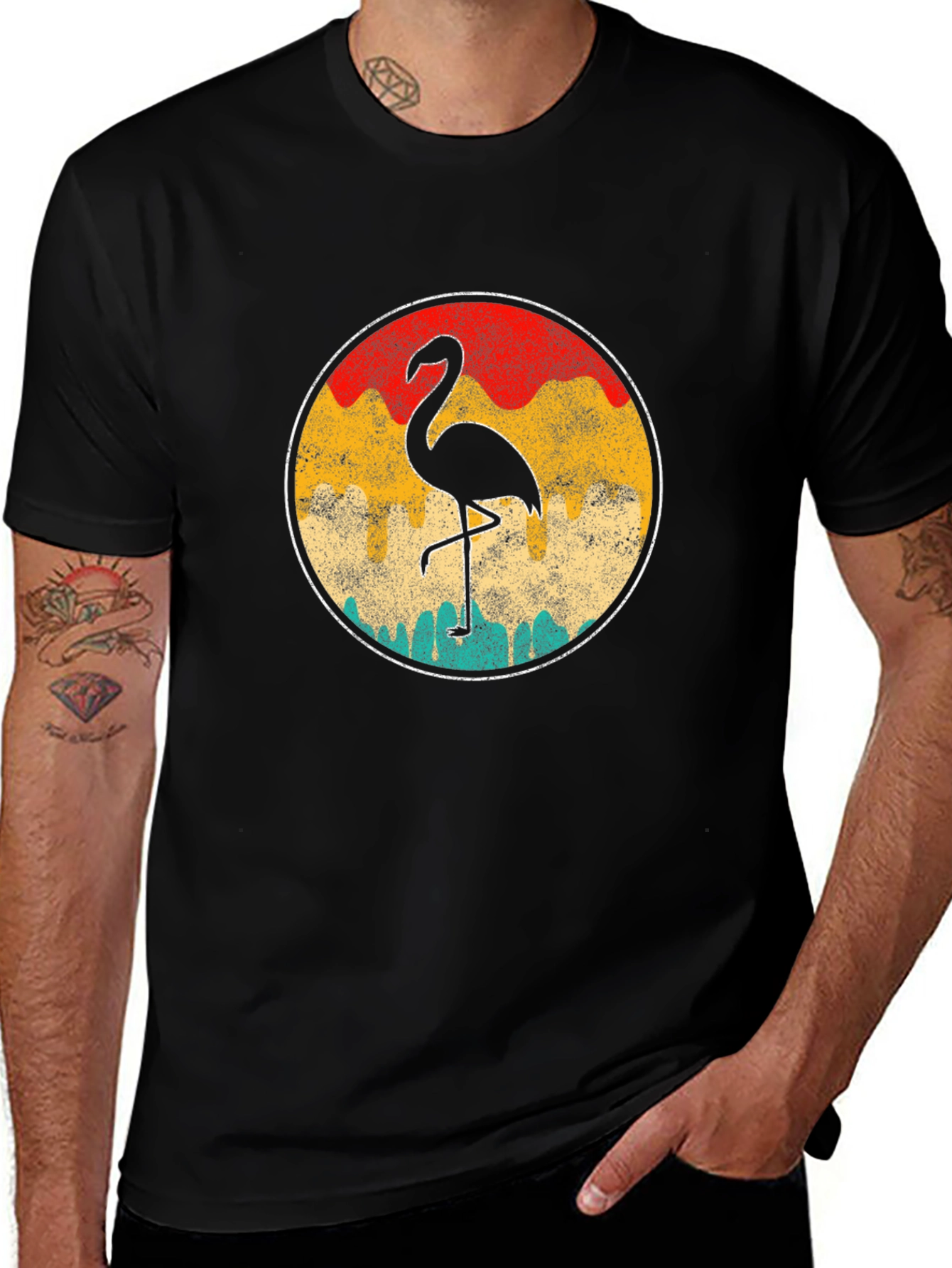 Retro Flamingo Graphic Tee - Black Cotton T-Shirt