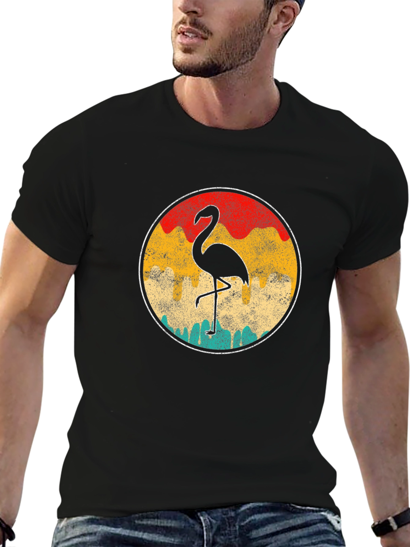 Retro Flamingo Graphic Tee - Black Cotton T-Shirt