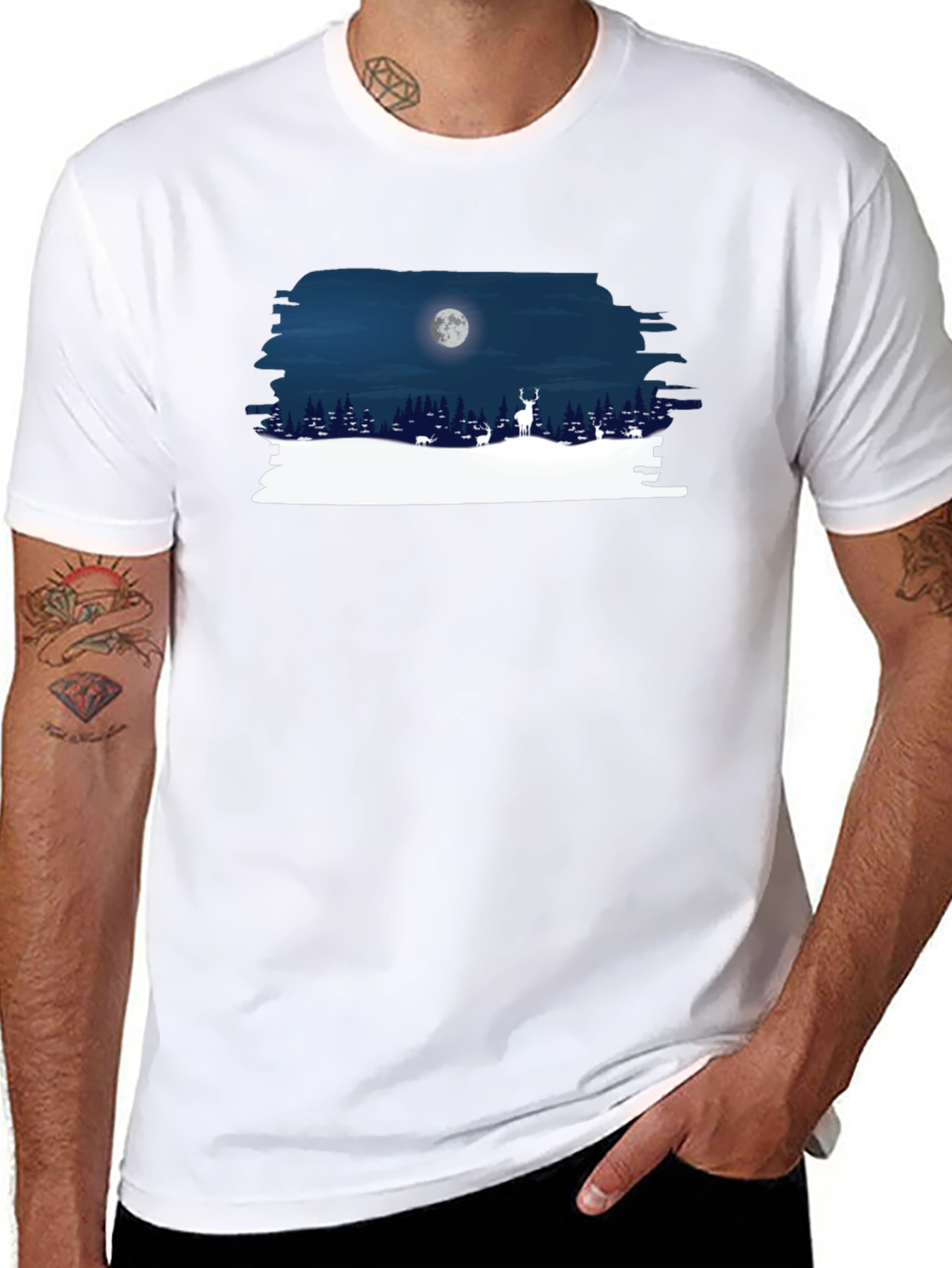 Moonlit Deer Graphic Tee - Black Cotton Shirt