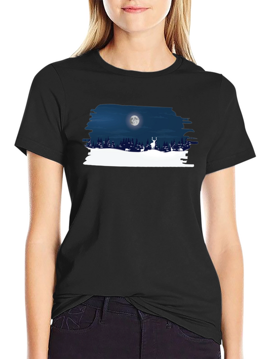 Moonlit Deer Graphic Tee - Black Cotton Shirt