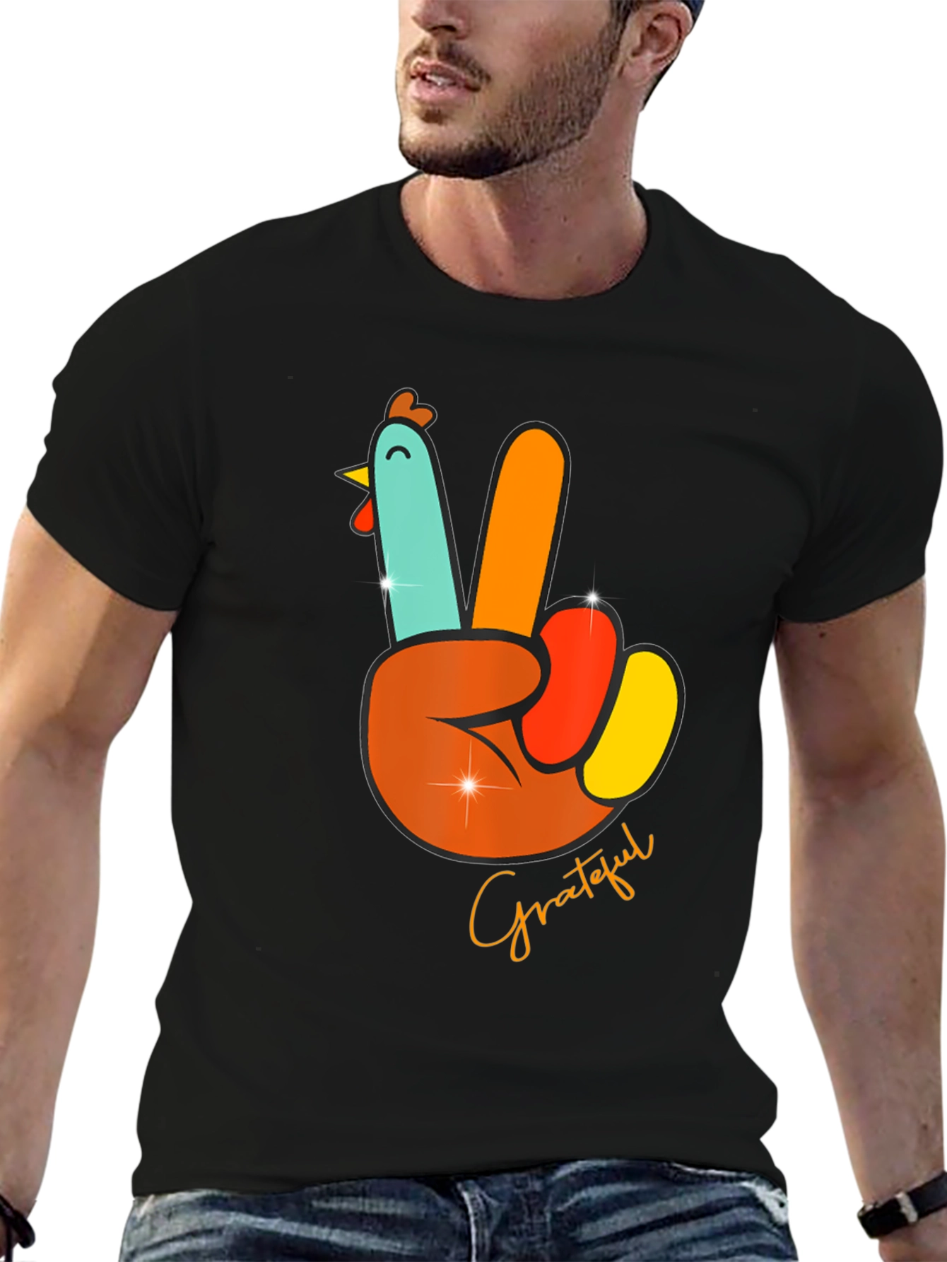 Grateful Turkey Peace Sign Thanksgiving T-Shirt