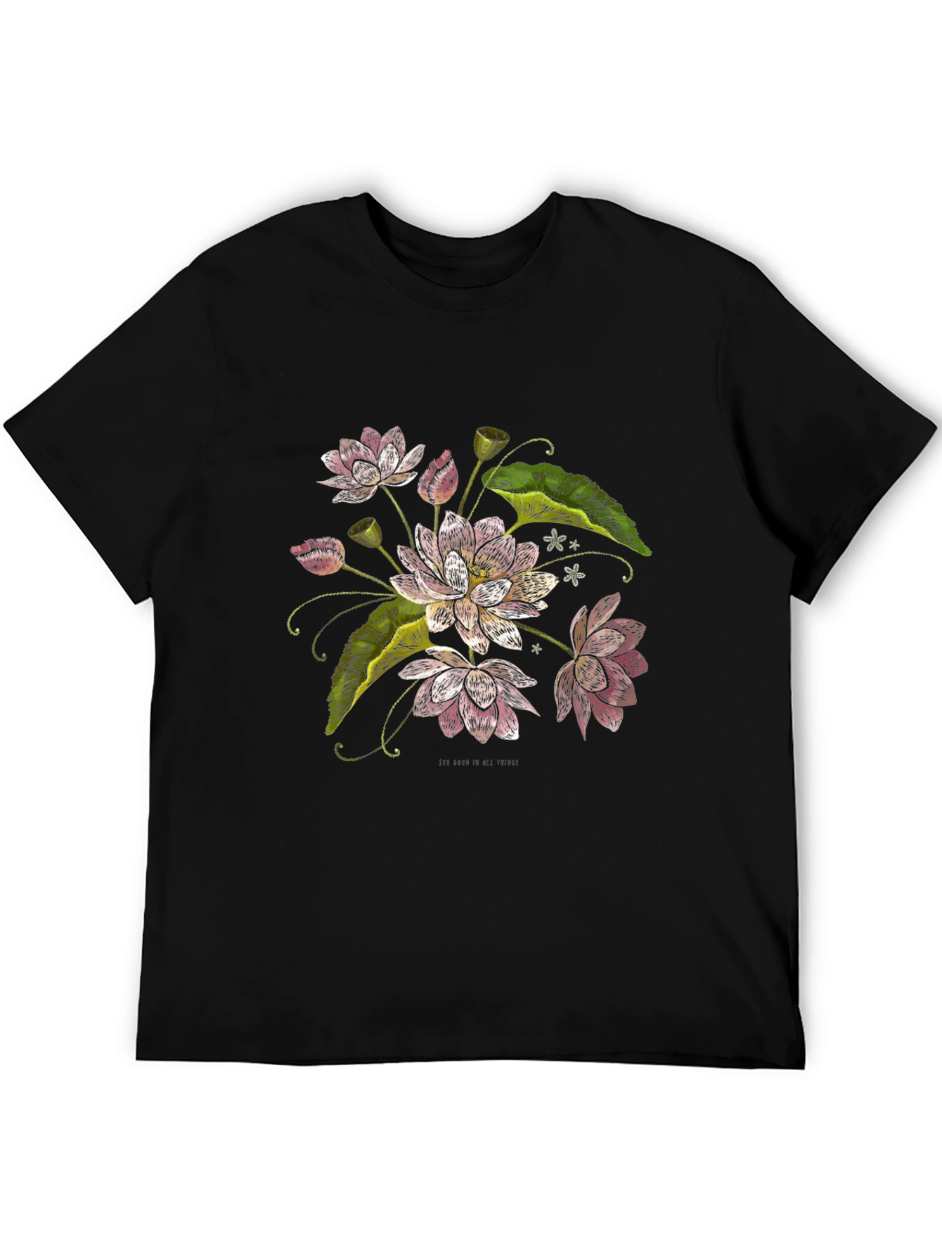 Lotus Flower Print Black T-Shirt