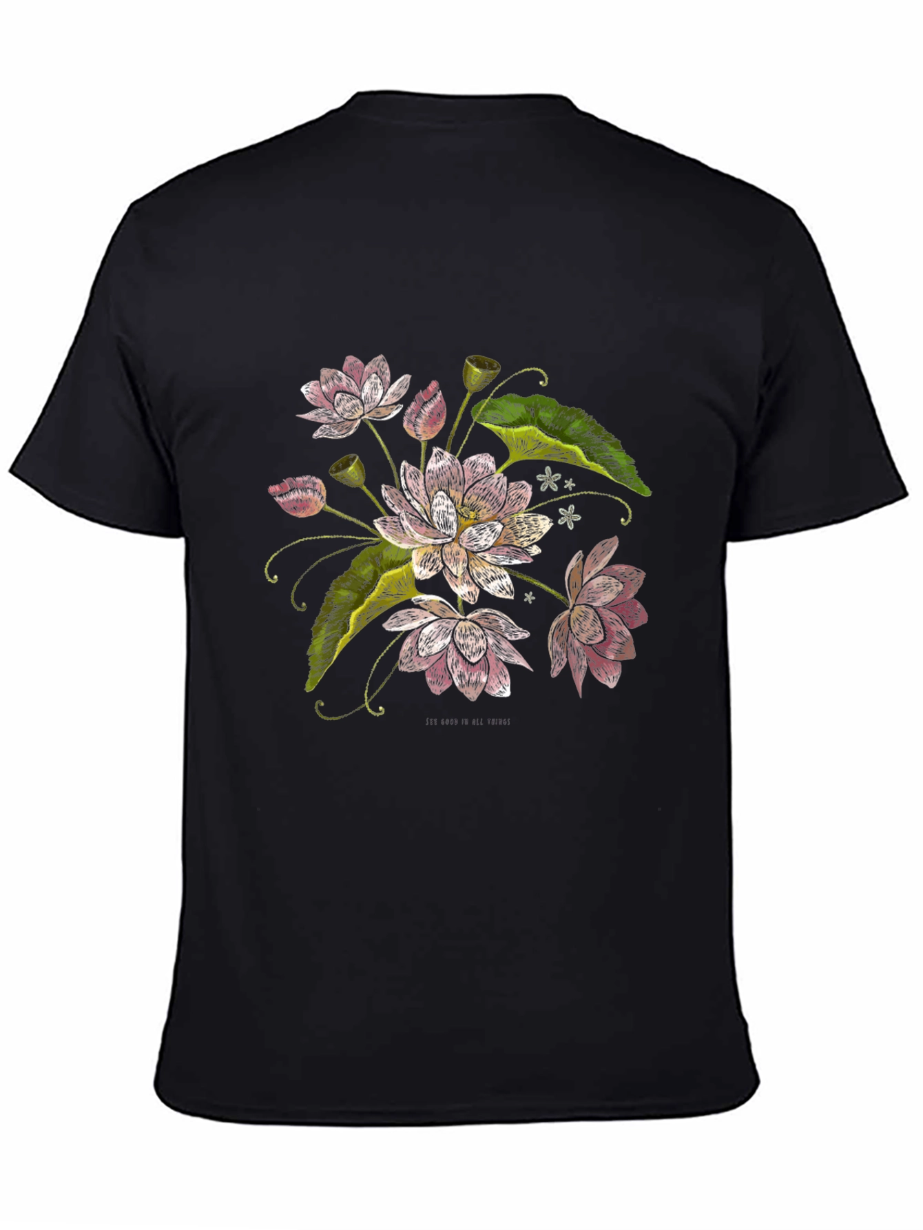Lotus Flower Print Black T-Shirt