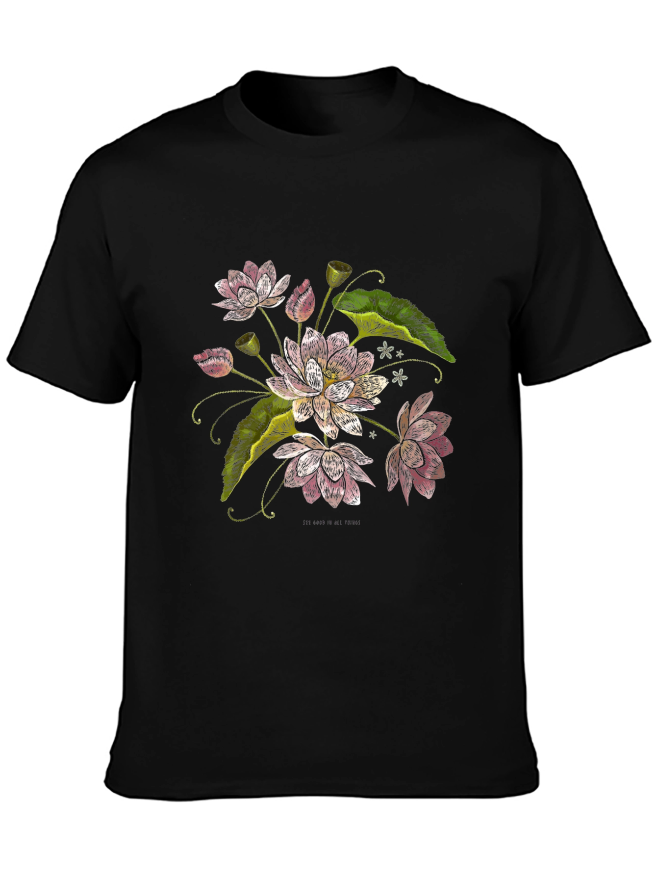 Lotus Flower Print Black T-Shirt