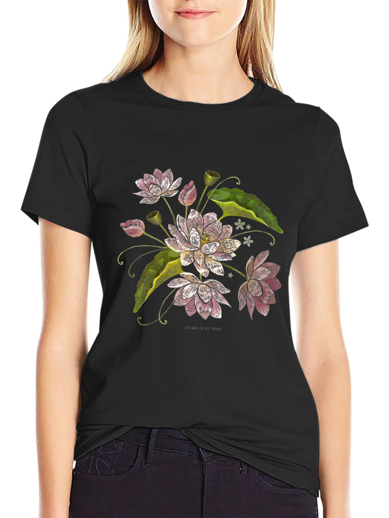 Lotus Flower Print Black T-Shirt