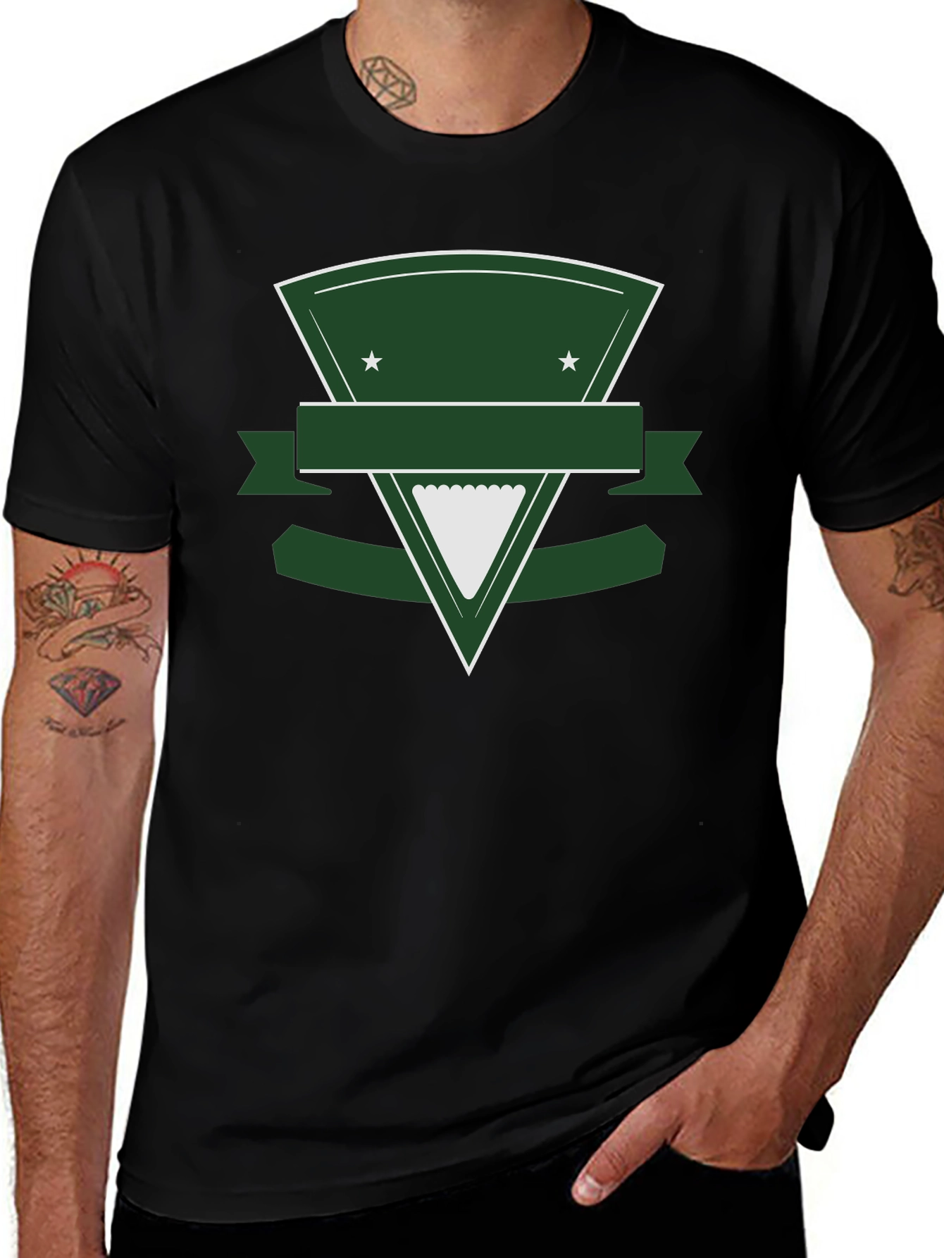 Black T-Shirt with Green Triangle Shield Graphic