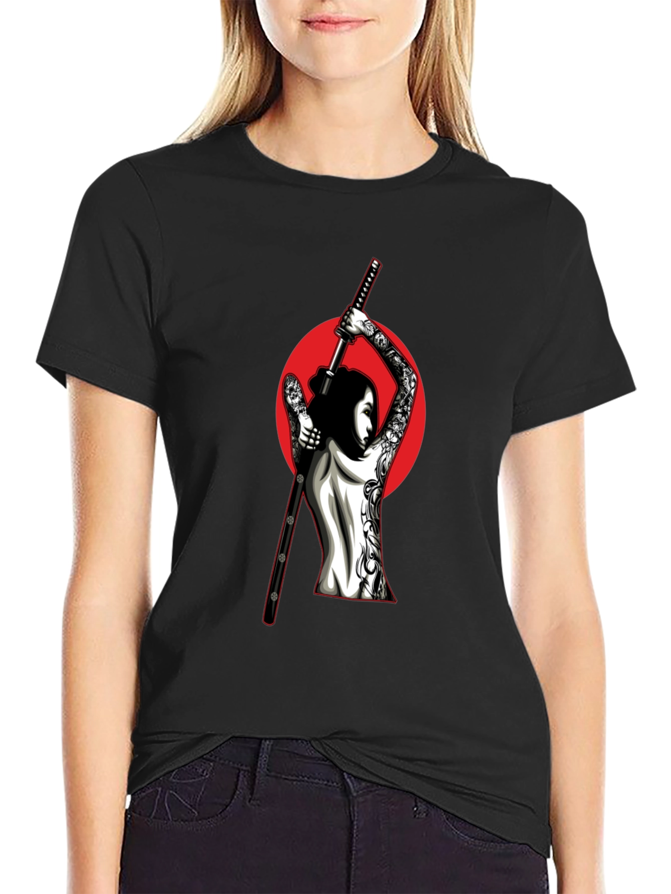 Samurai Woman Graphic T-Shirt - Black