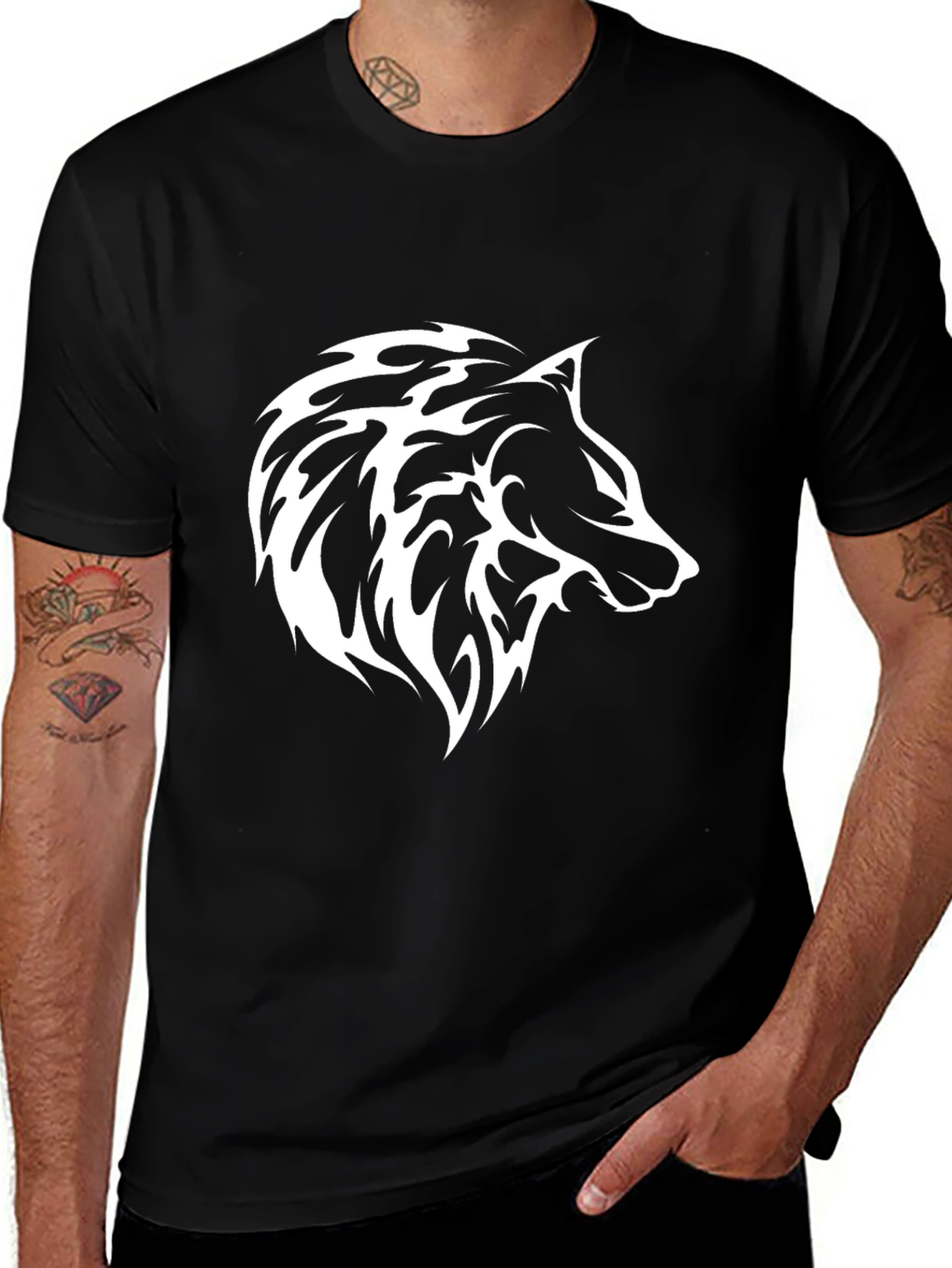 Black Wolf Graphic T-Shirt - Tribal Style