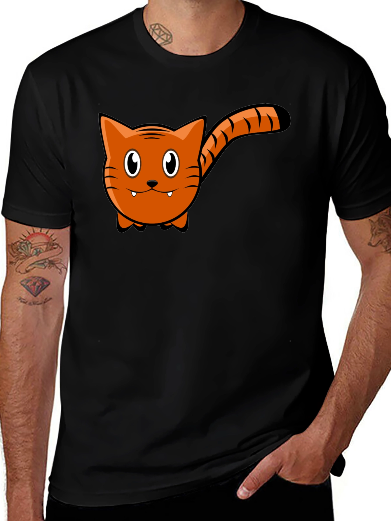 Cartoon Cat Graphic Tee - Black Cotton T-Shirt