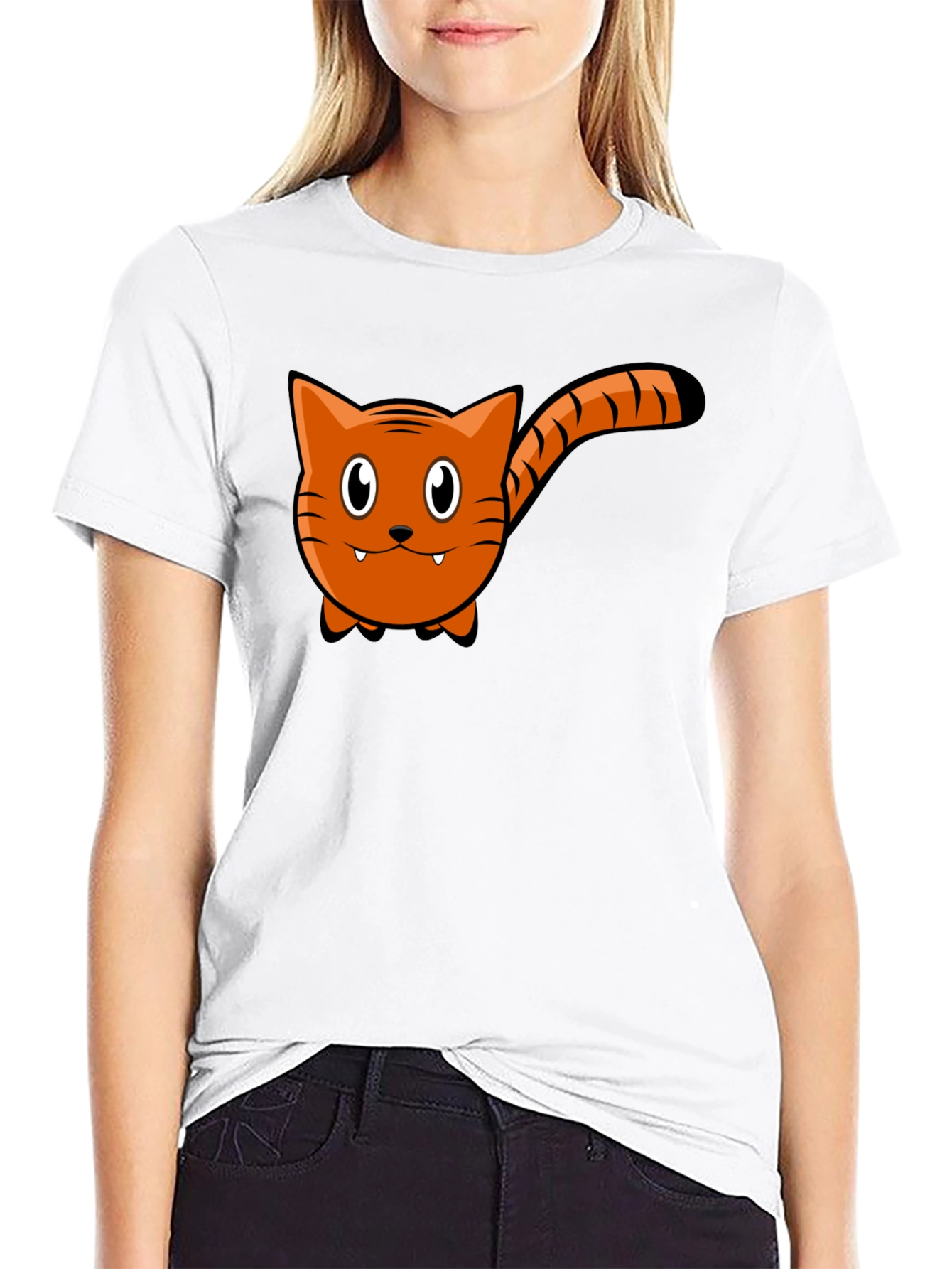 Cartoon Cat Graphic Tee - Black Cotton T-Shirt