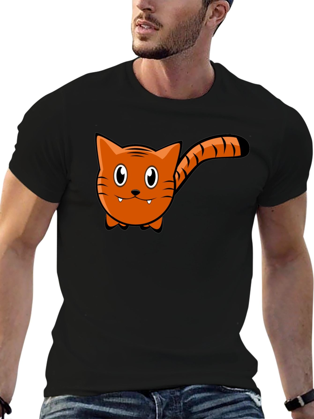 Cartoon Cat Graphic Tee - Black Cotton T-Shirt