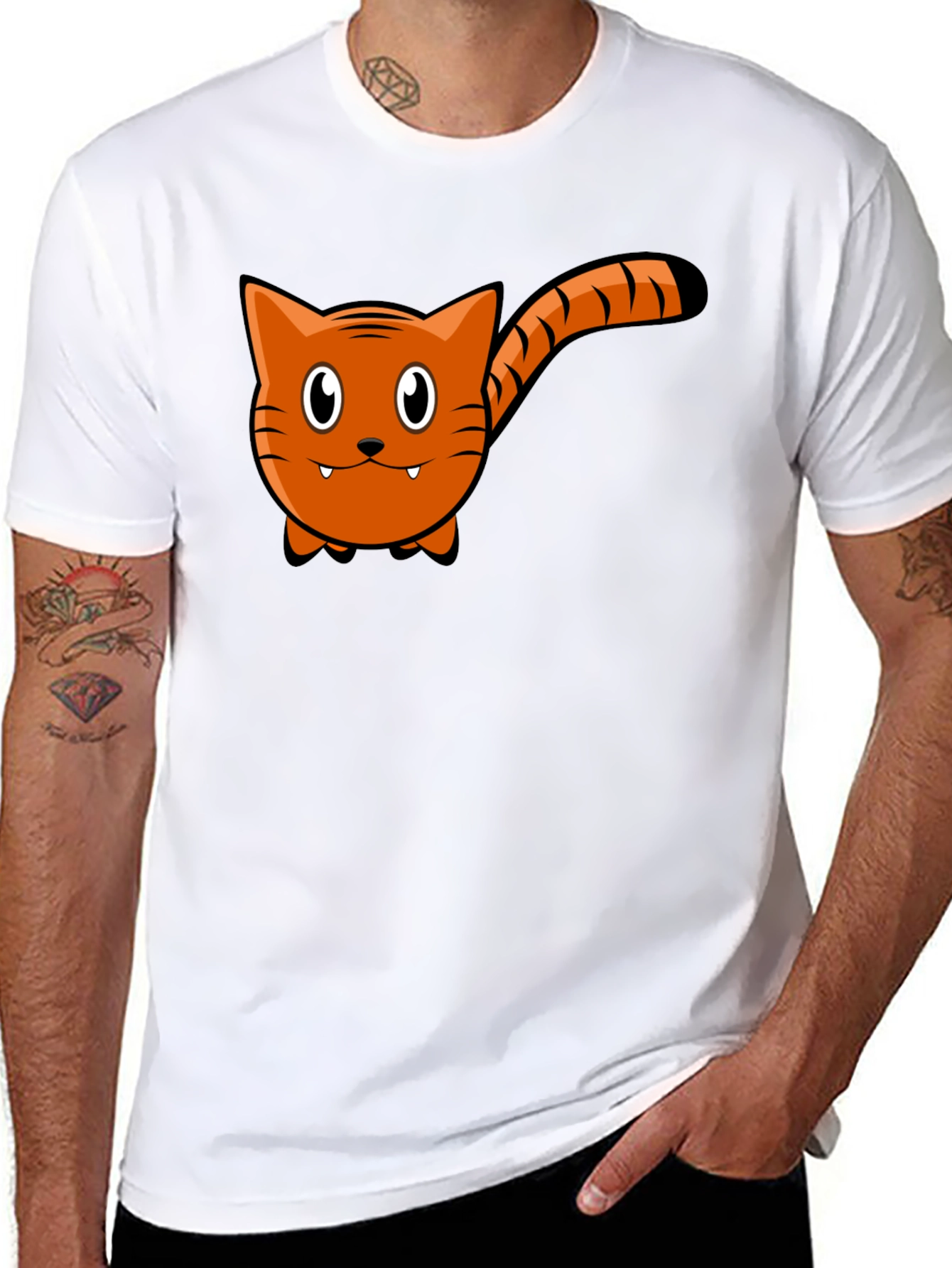 Cartoon Cat Graphic Tee - Black Cotton T-Shirt