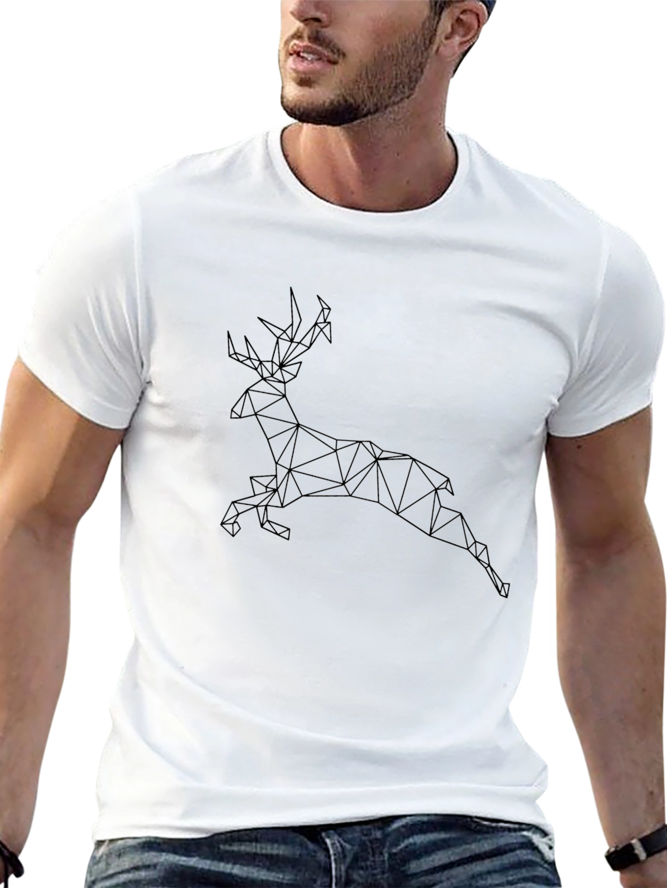 Geometric Deer Graphic Tee - Modern Mens Black T-Shirt