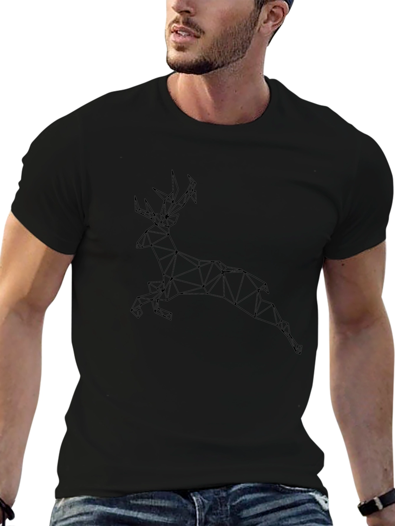 Geometric Deer Graphic Tee - Modern Mens Black T-Shirt
